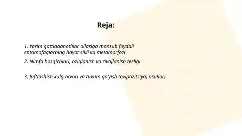 Yarim qattiqqanotlilar oilasiga mansub foydali entomofaglar rivojlanishi va koʻpayishi 2