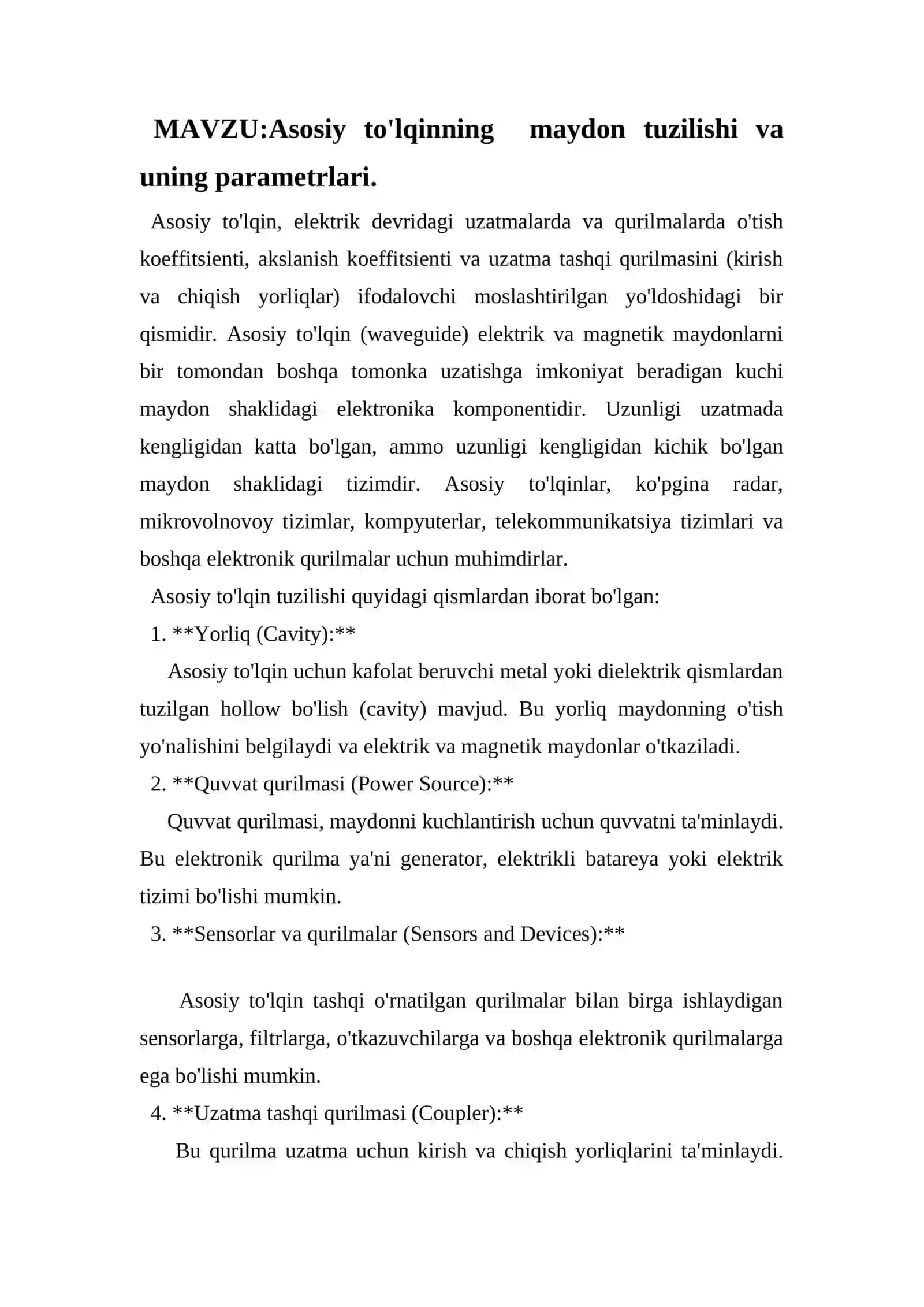 Asosiy to'lqinning maydon tuzilishi va uning parametrlari 2