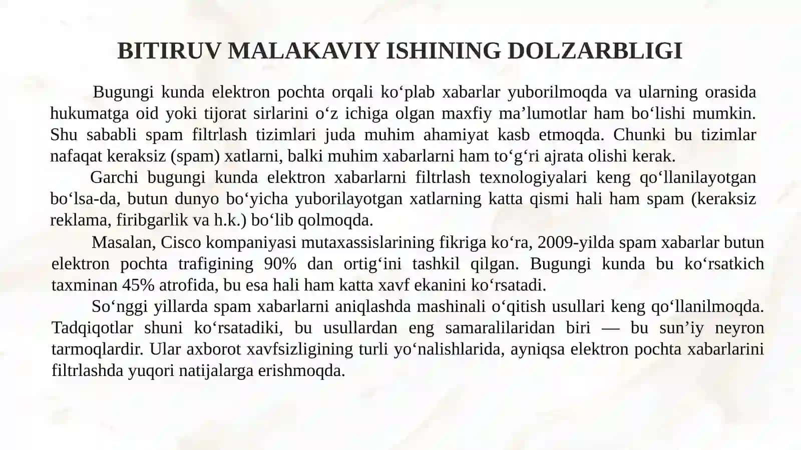Spamni aniqlash uchun electron pochta xabarlarini tasniflash algoritmini ishlab chiqish 2