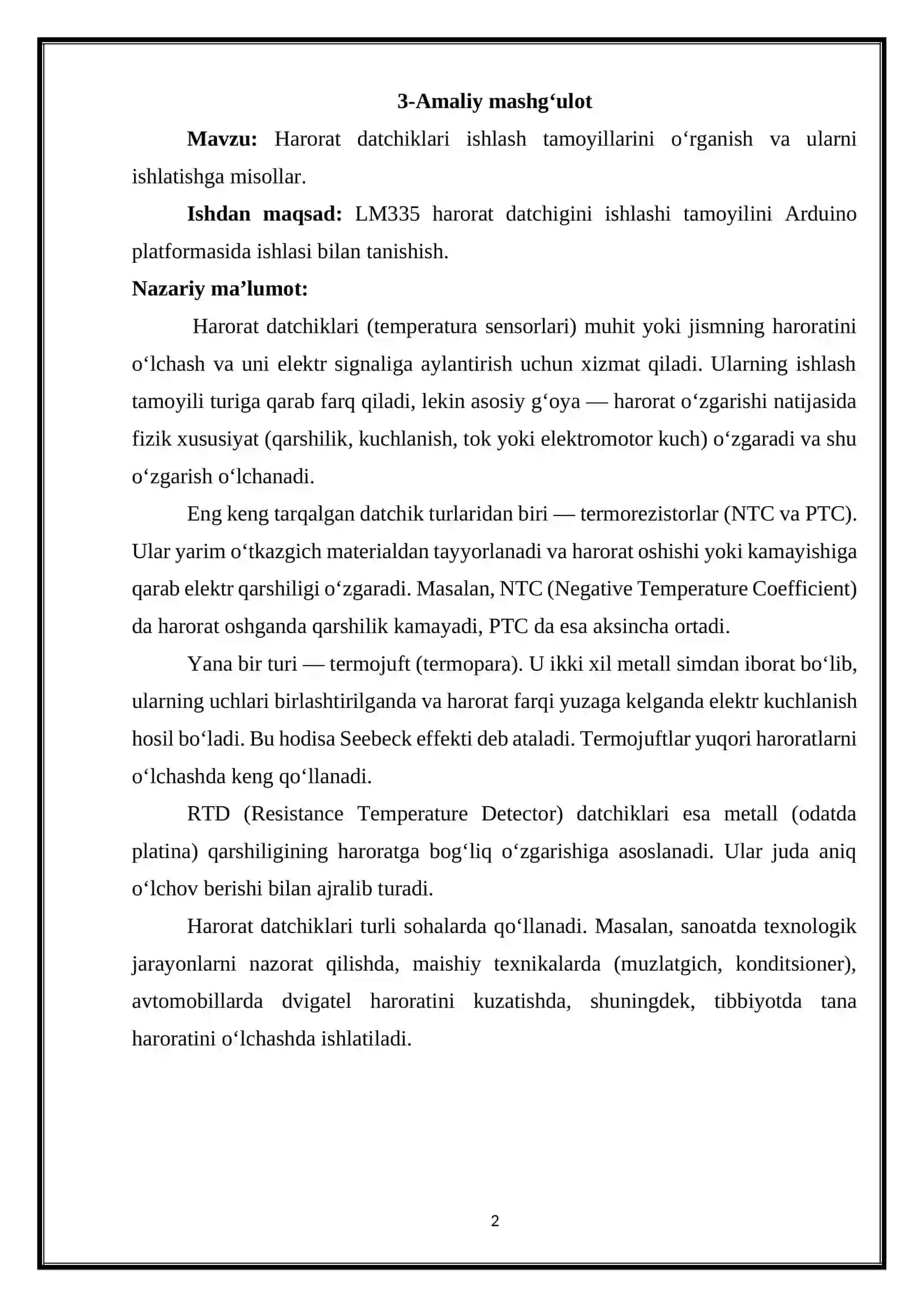 Harorat datchiklari ishlash tamoyillarini o‘rganish va ularni ishlatishga misollar 2