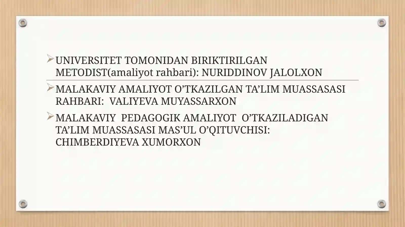MALAKAVIY AMALIYOT UCHUN TAYYORLANGAN TAQDIMOTI 2