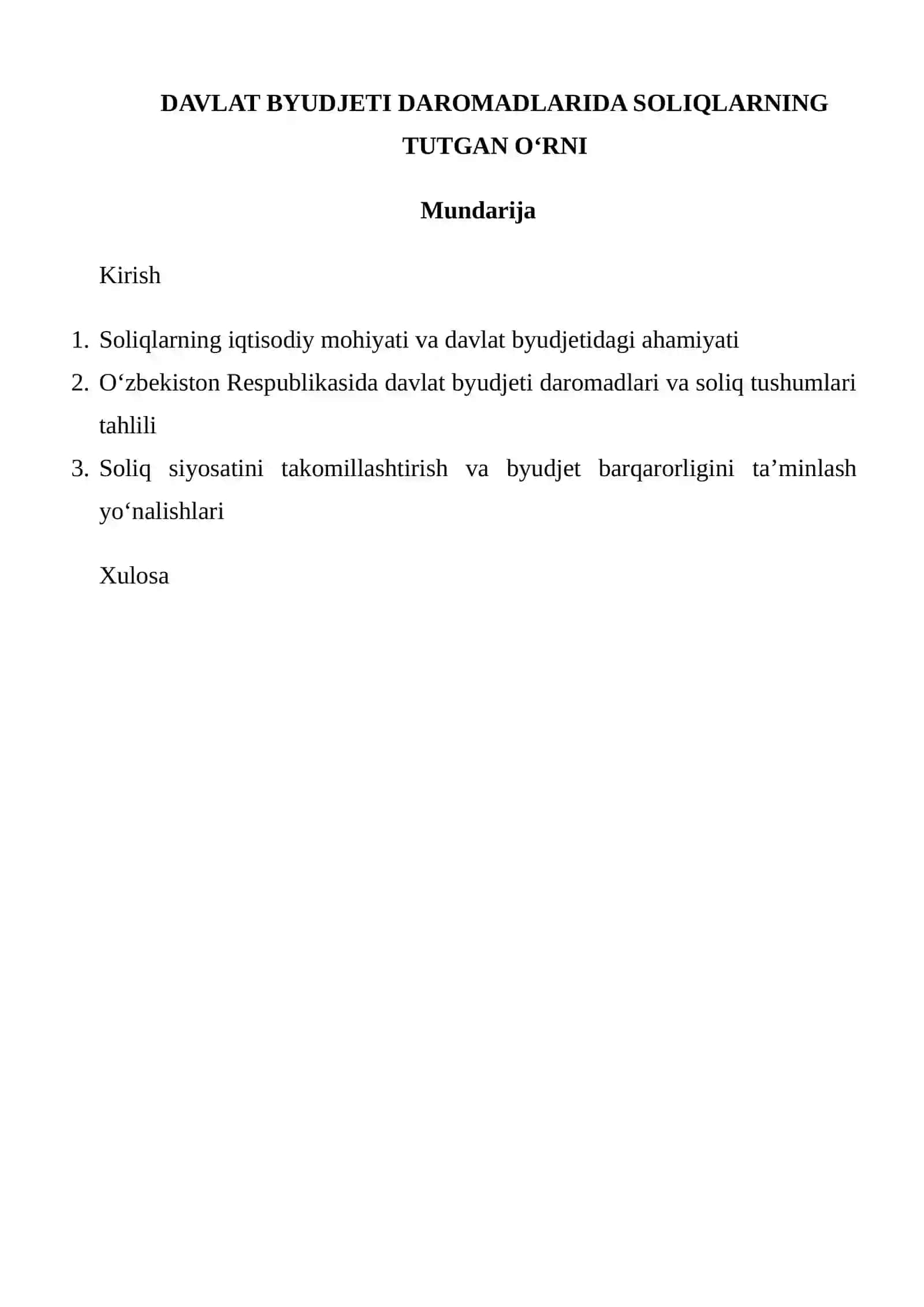 DAVLAT BYUDJETI DAROMADLARIDA SOLIQLARNING TUTGAN O’RNI MUSTAQIL ISHI 2