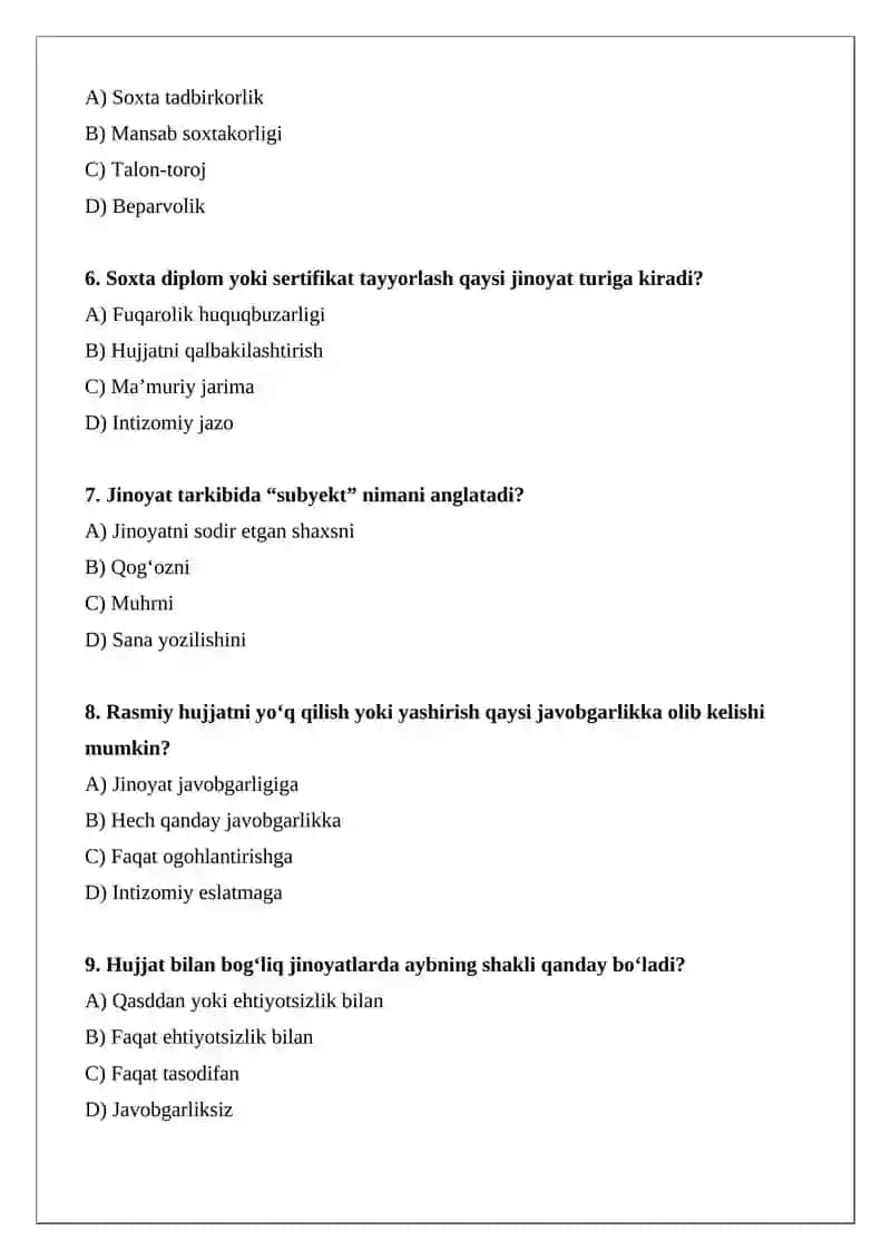 O‘zbekiston Respublikasi jinoyat qonunchiligiga asosan yuridik hujjatlar bilan bog‘liq jinoyatlar 2