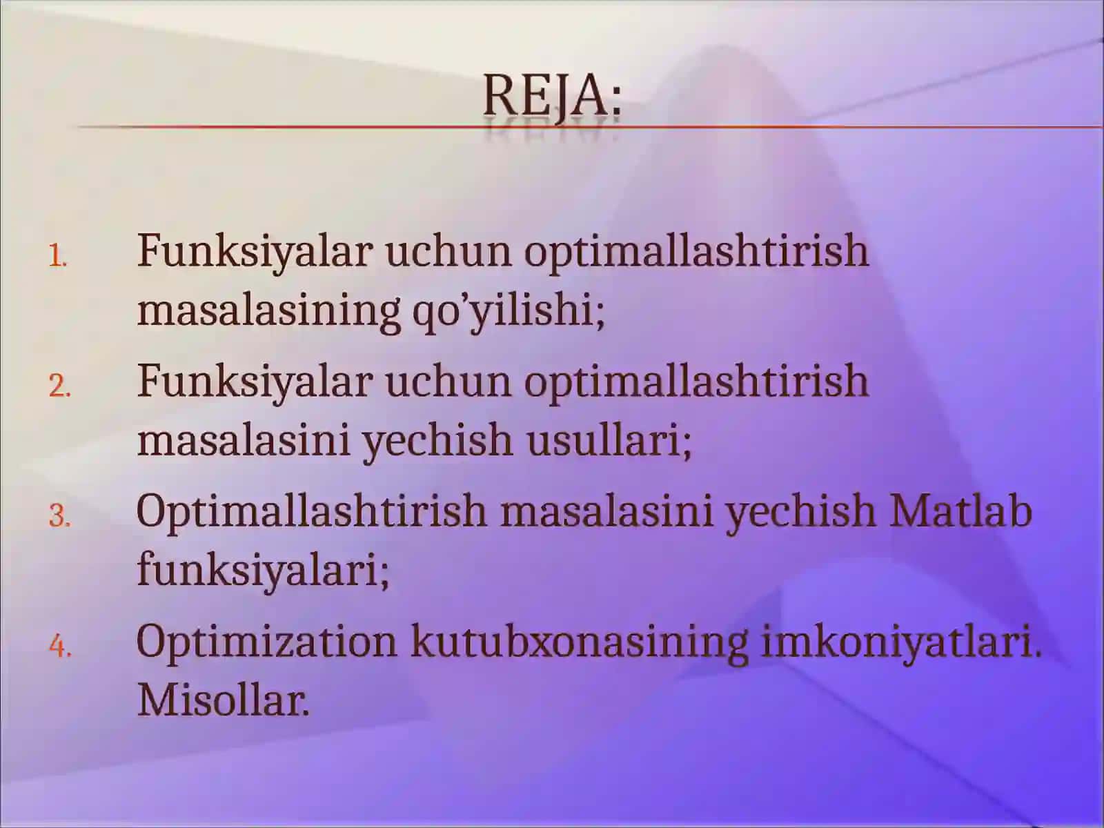 Optimallashtirish masalalari uchun Matlab funksiyalari 2