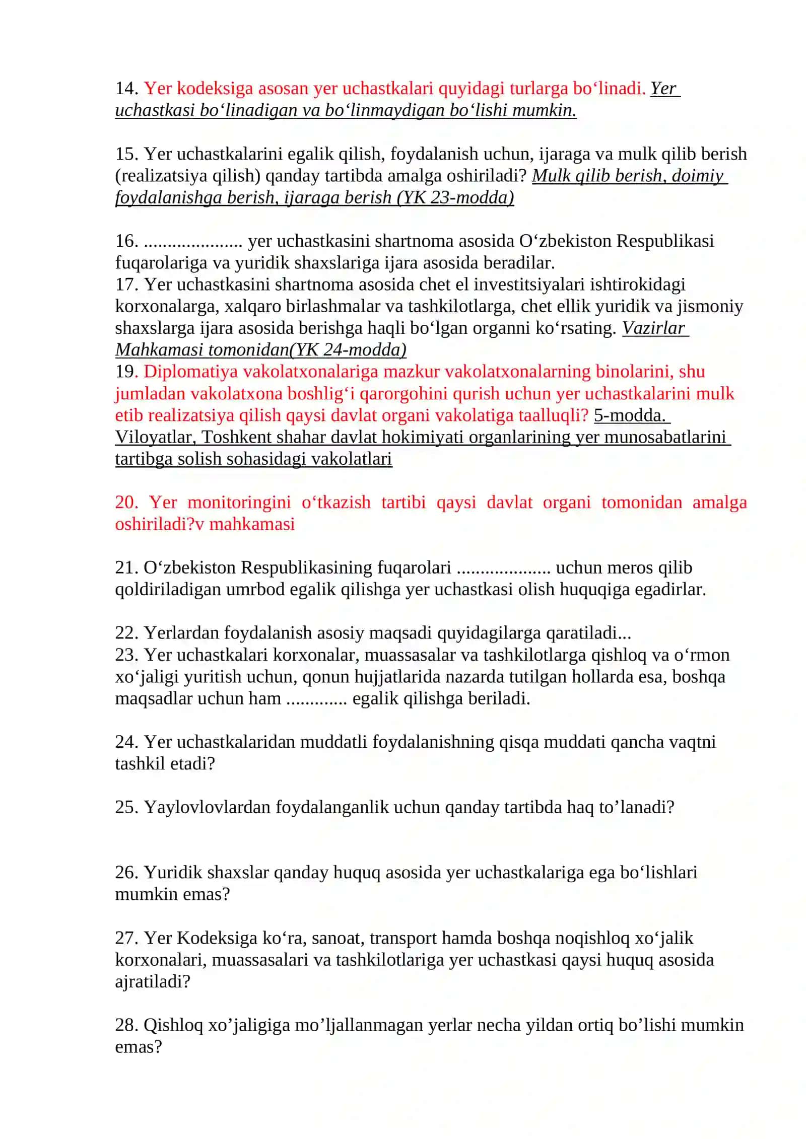 Yer huquqi fanidan oraliq nazoratidan taxminiy savollar ro’yxati 2
