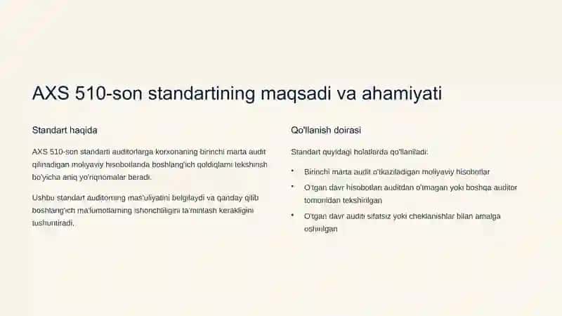 Dastlabki moliyaviy hisobot auditda boshlangʻich qoldiqlar boʻyicha auditning masʼuliyati AXS (auditning xalqaro standarti) 510-son 2