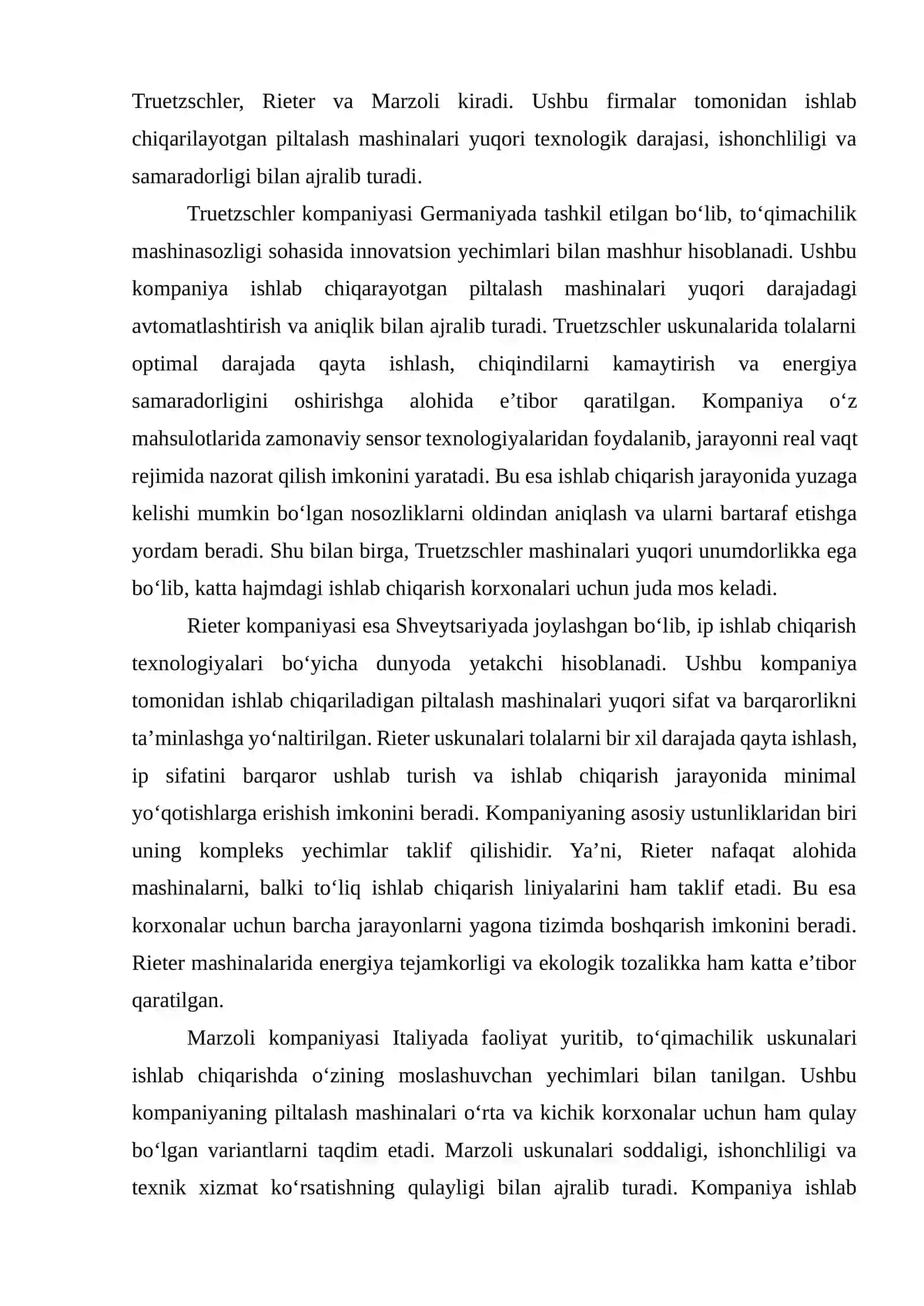 "Truetzschler", "Rieter", "Marzoli" firmalarining piltalash mashinalari qiyosiy tahlili 2