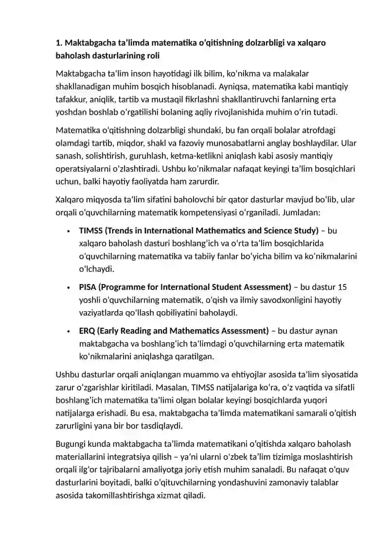 XALQARO BAHOLASH DASTURLARI MATERIALLARINI O'Z ICHIGA OLGAN INNOVATSION USULLAR BILAN O'QUV MATERIALLARNI ISHLAB CHIQISH VA TAQDIM ETISH: MAKTABGACHA TA’LIMDA MATEMATIKANI O'QITISHNI RIVOJLANTIRISH VA TAKOMILLASHTIRISH 2