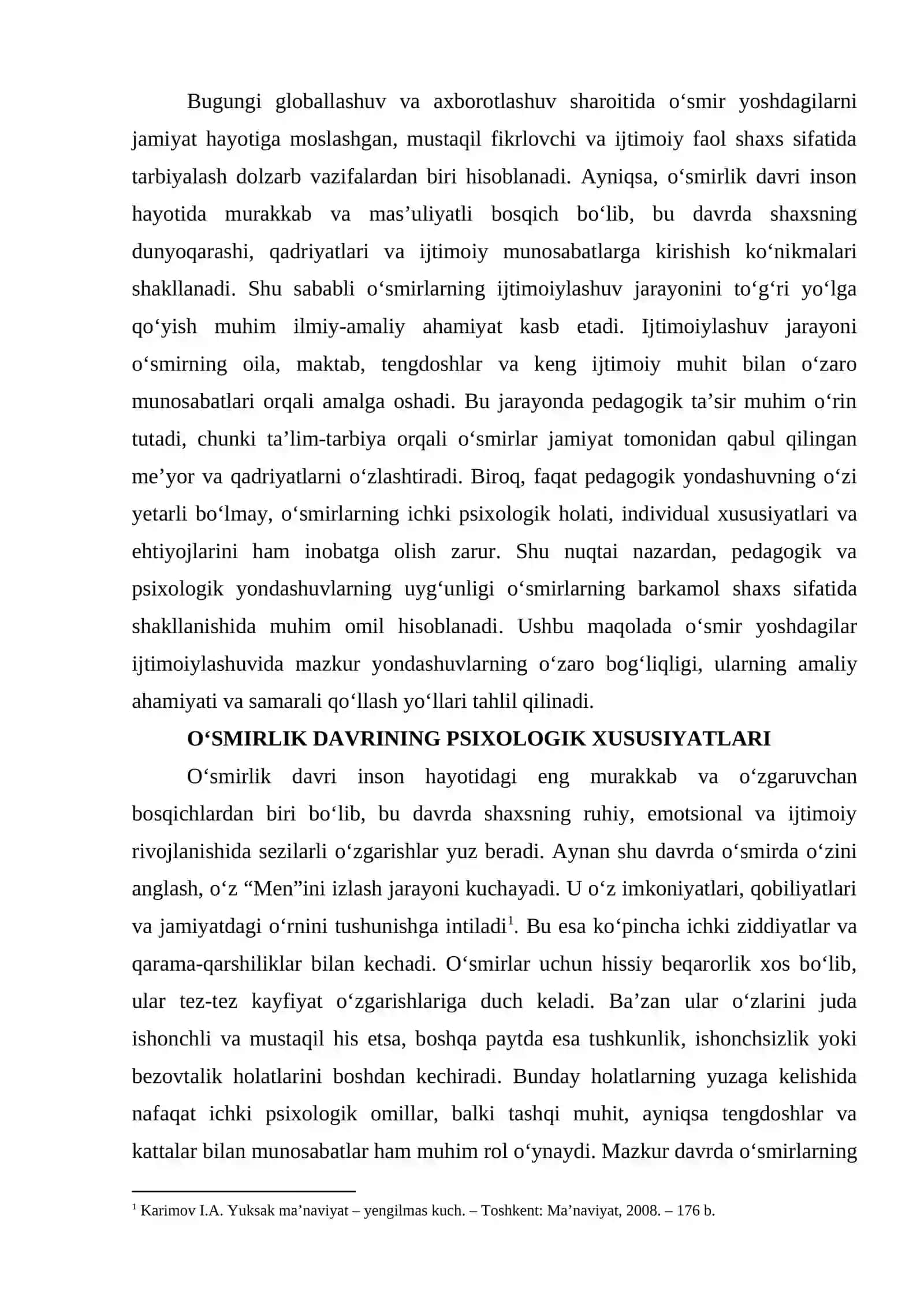 O‘SMIR YOSHDAGILAR IJTIMOIYLASHUVIDA PEDAGOGIK VA PSIXOLOGIK YONDASHUVLARNING UYG‘UNLIGI 2