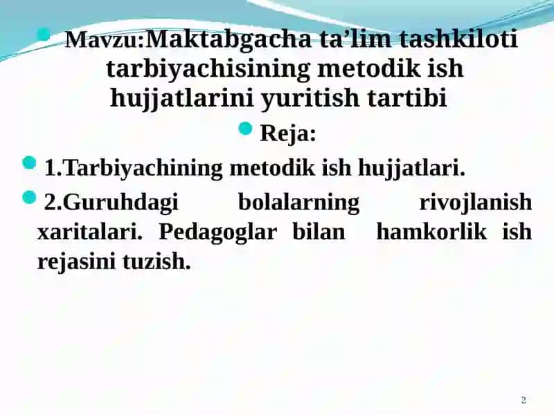“MAKTABGACHA TA’LIMTIZIMIDA UZLUKSIZ METODIK XIZMAT KO'RSATISH ISHLARINI YANADARIVOJLANTIRISH” 2