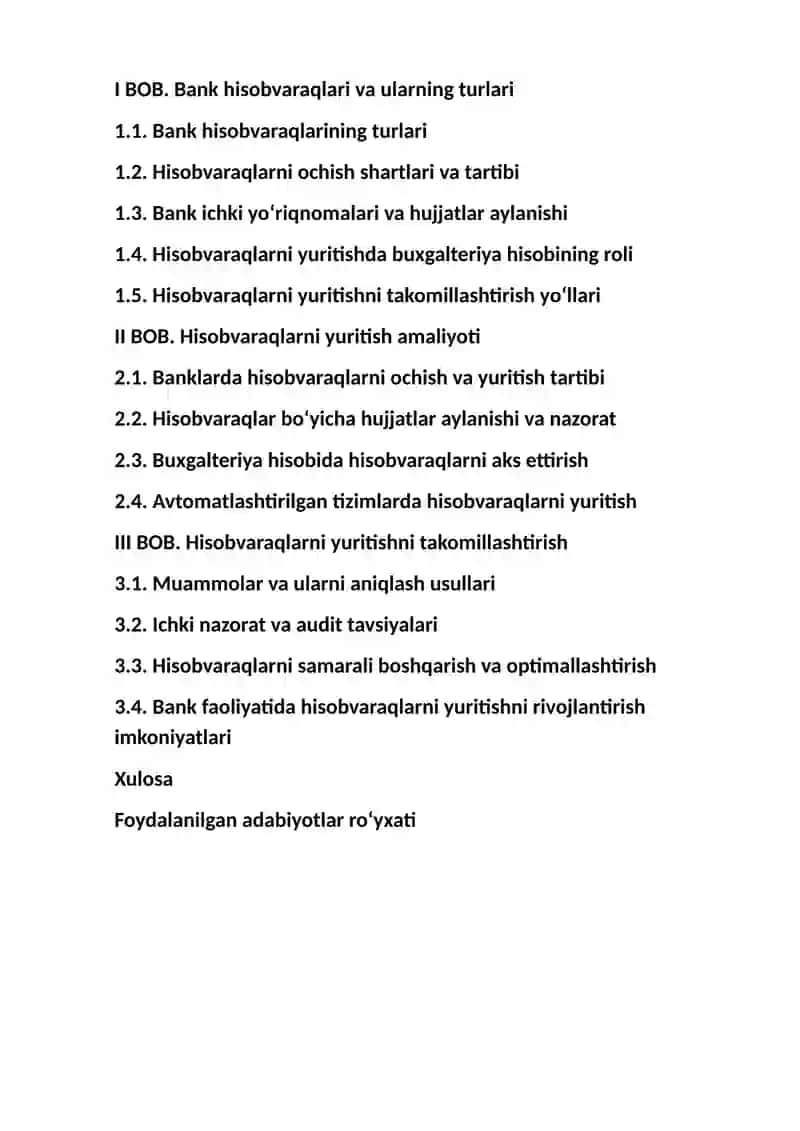 Banklarda ochiladigan hisobvaraqlarning turlari va ularning yuritilishi. 2