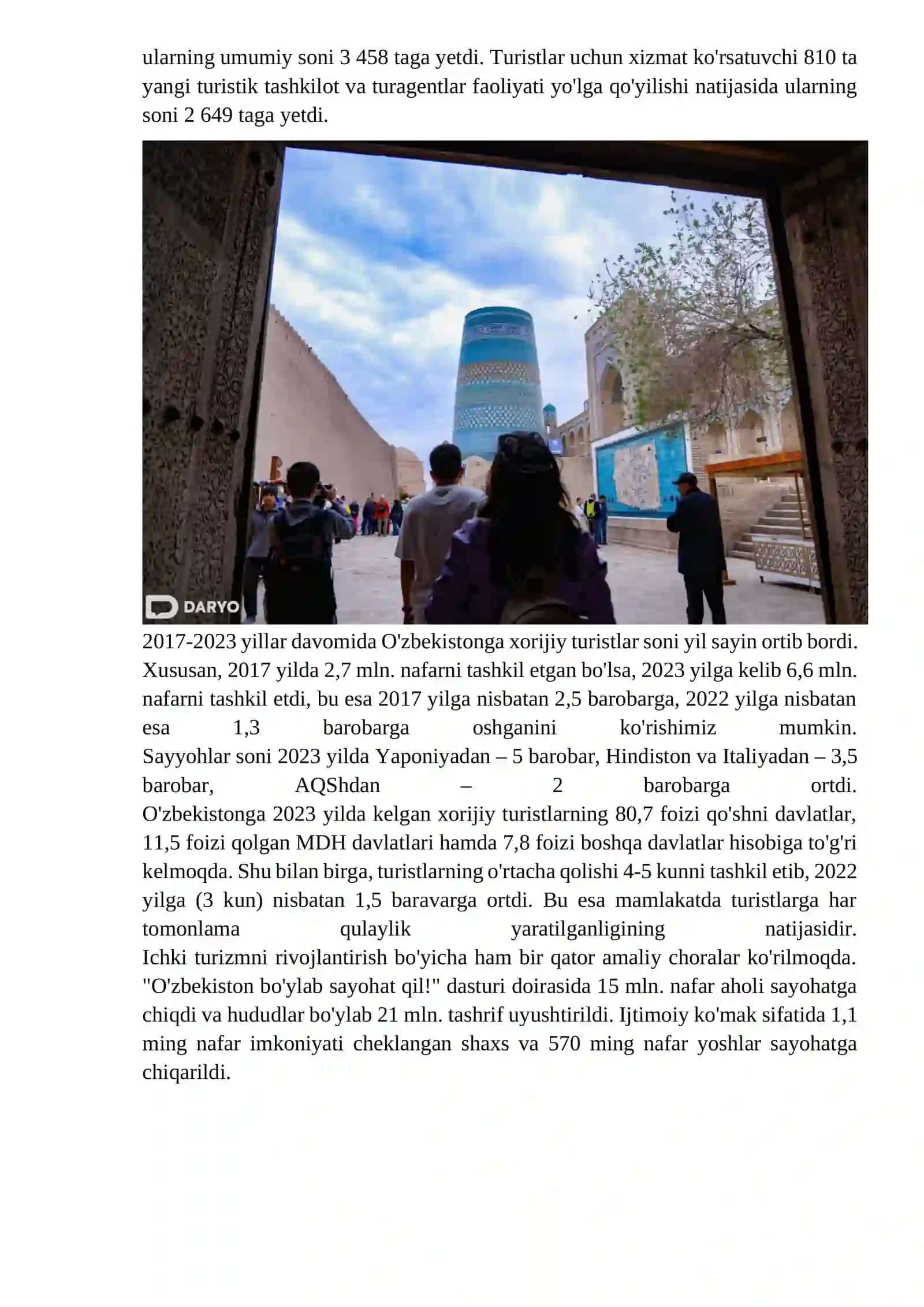 O'ZBEKISTONDA TURIZM SOHASINING RIVOJLANISHI XALQ FAROVONLIGINING YUKSALISHIGA XIZMAT QILADI 2
