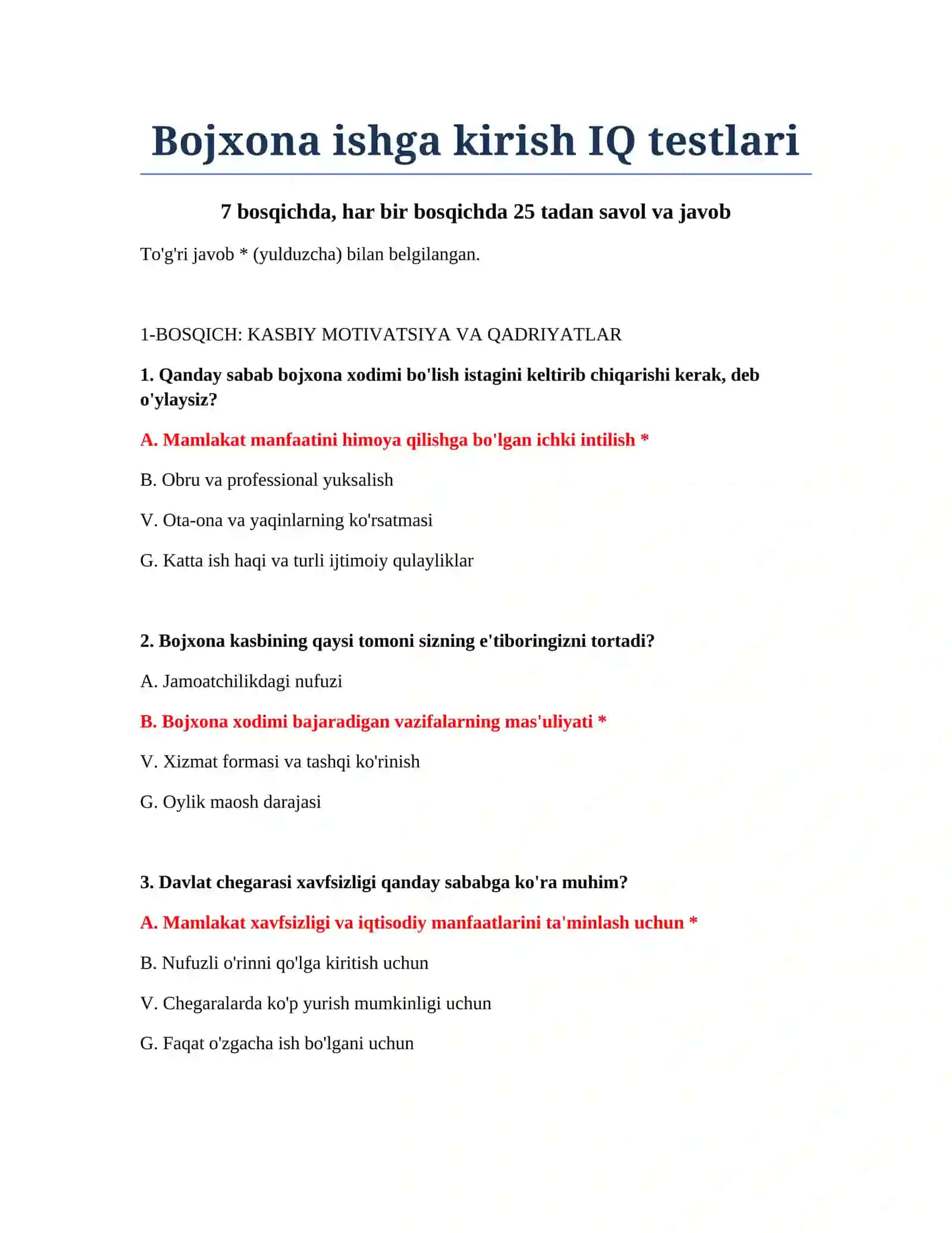 Bojxona ishga kirish IQ testlari 2