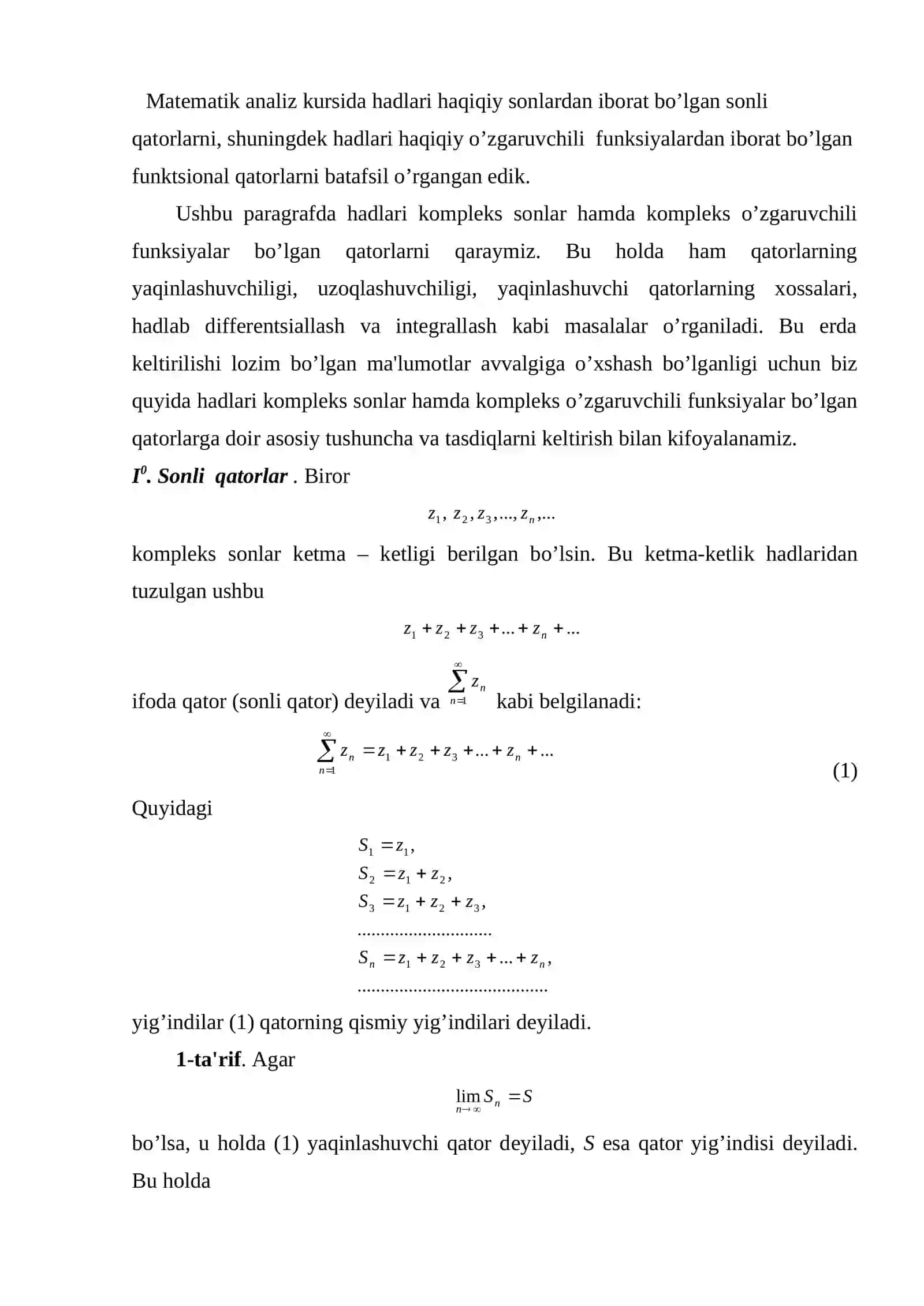 Qatorlar. Sonli qatorlarning yaqinlashish alomatlari. Solishtirish. Dalamber, Koshi, Koshining integral alomatlari, Leybnits qatori. 2