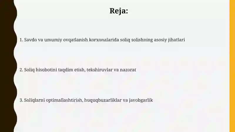 Savdo va umumiy ovqatlanish korhonasini soliqqa tortish masalalari 2