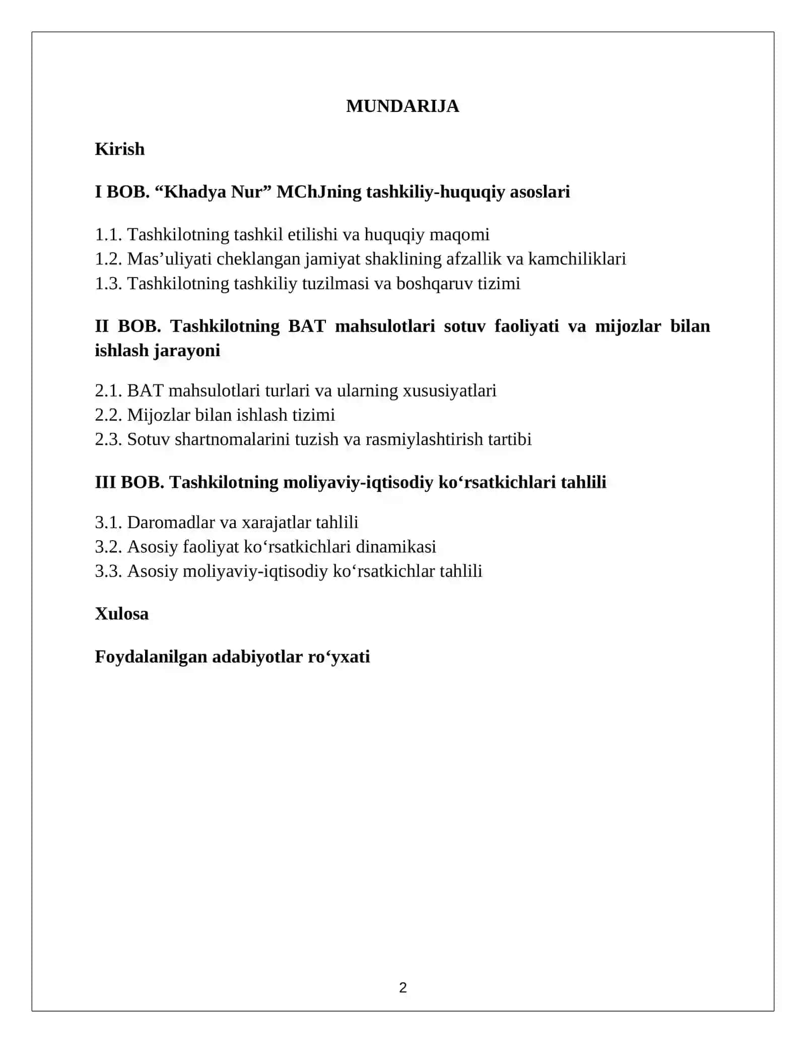 BIOLOGIK MAHSULOTLAR SOTUVI MCHJ BOʻYICHA. AMALIYOT HISOBOTI. 2