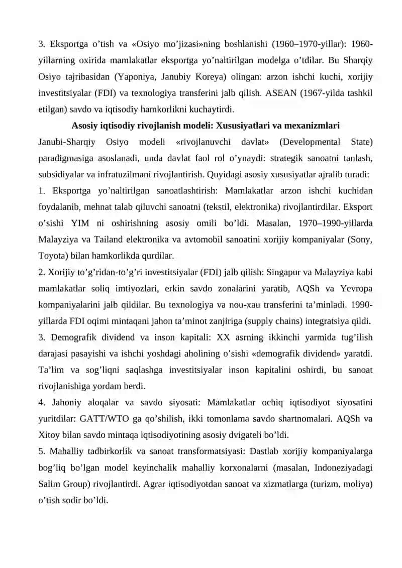 Janubi-Sharqiy Osiyo mamlakatlarining XX–XXI asrlardagi iqtisodiy rivojlanish modeli 2