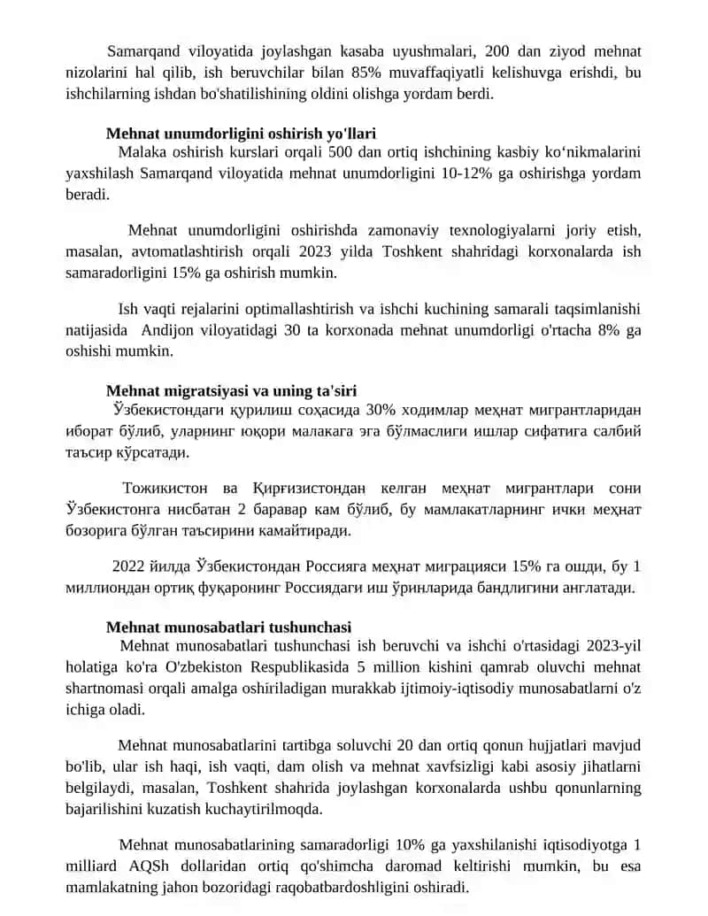 Mehnat munosabatlari va mehnat resurslaridan foydalanish ko’rsatkichlari 2