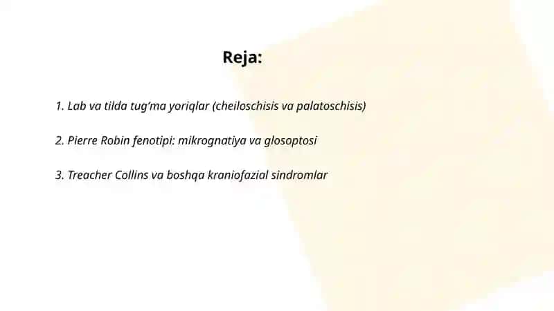 Lab va tilda tugʻma yoriqlar (cheiloschisis va palatoschisis) 2