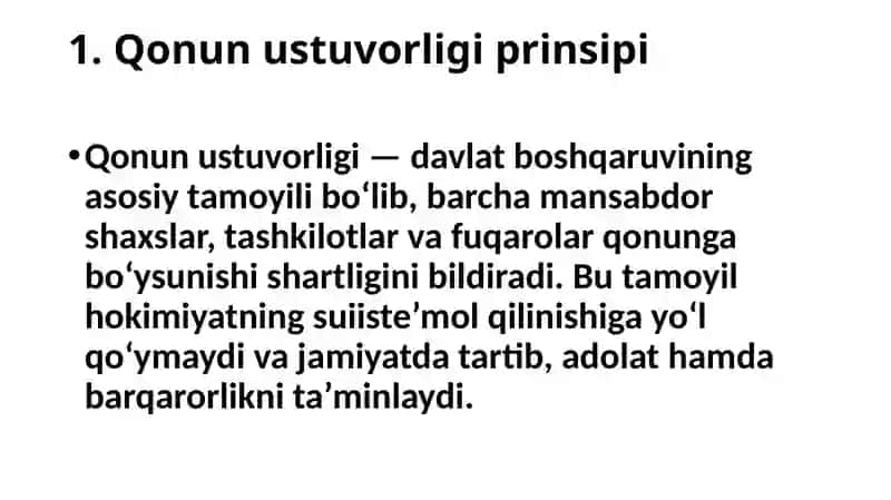 O'zbekistonda qonun ustuvorligi ta'minlashning demokratik asoslari. Korrupsiya va unga qarshi kurashishning mazmun mohiyati 2