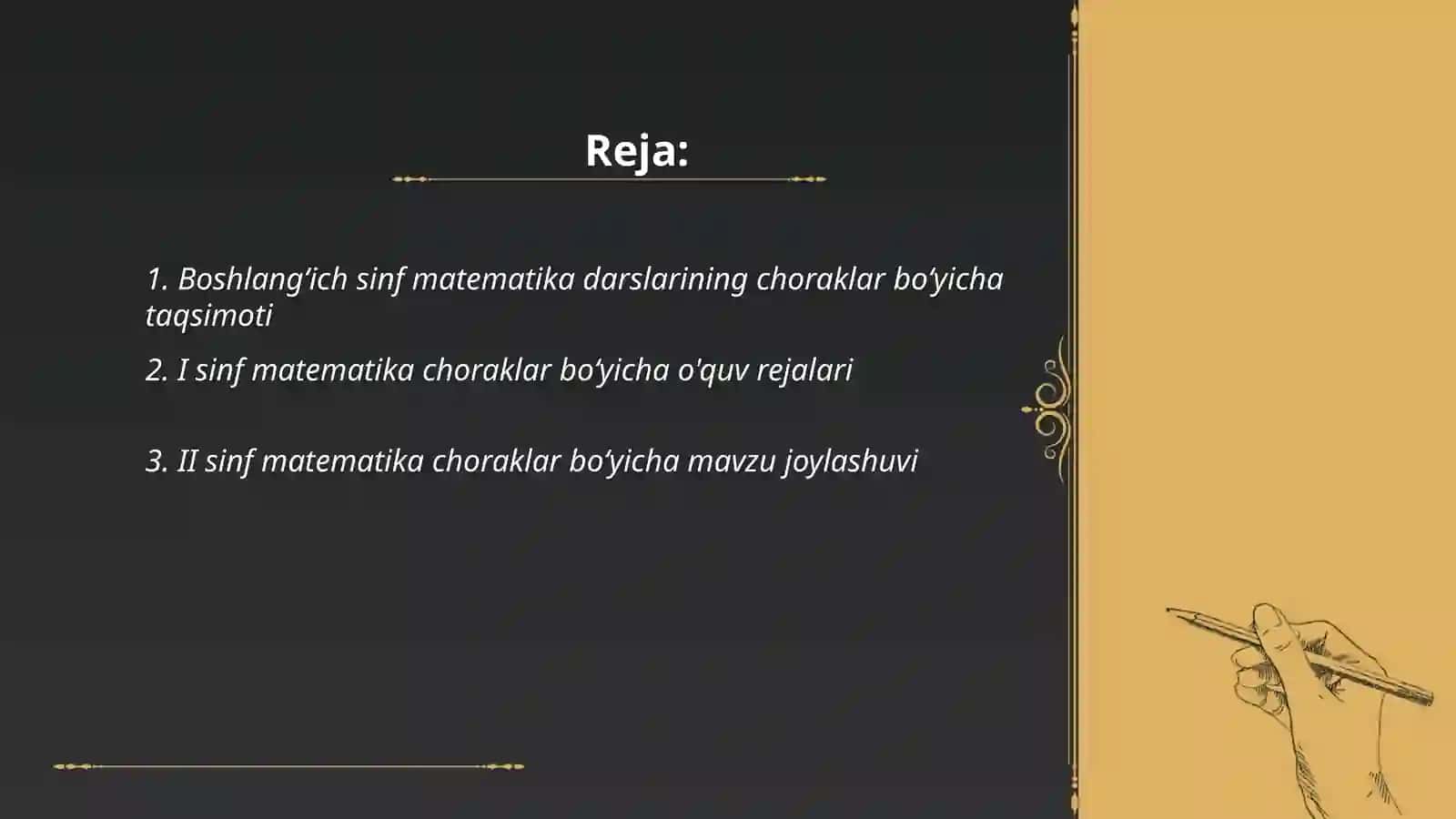 Boshlangʻich sinf matematika dasturining choraklar boʻyicha joylashuvi 2