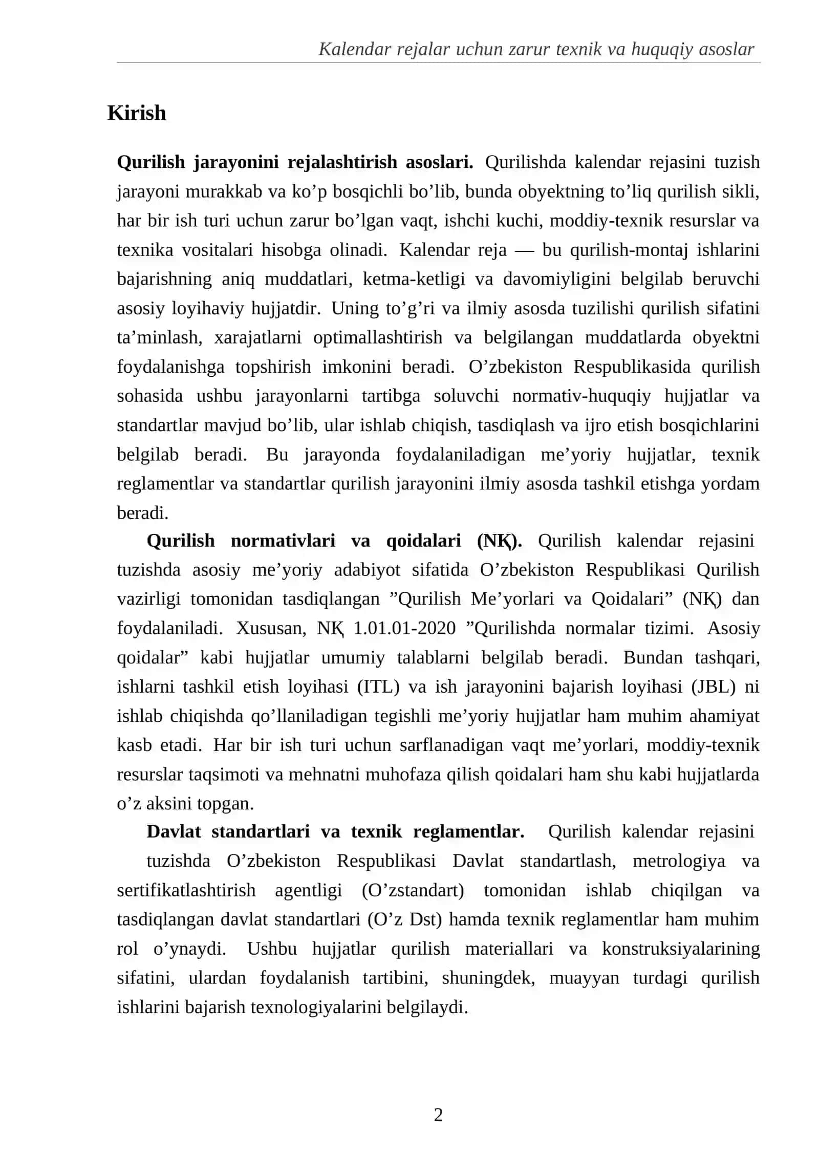 Kalendar rejalar uchun zarur texnik va huquqiy asoslar 2