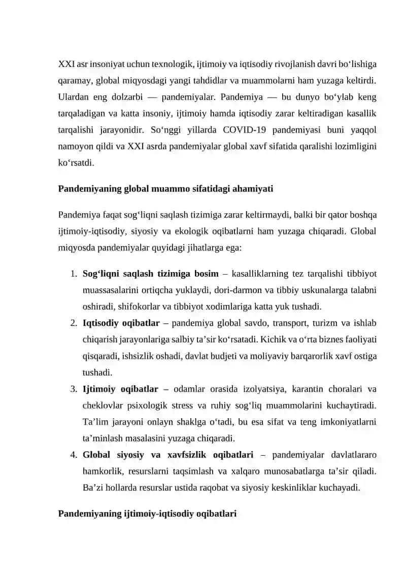 Pandemiya XXI asrning global muammosi va uning oqibatlari 2