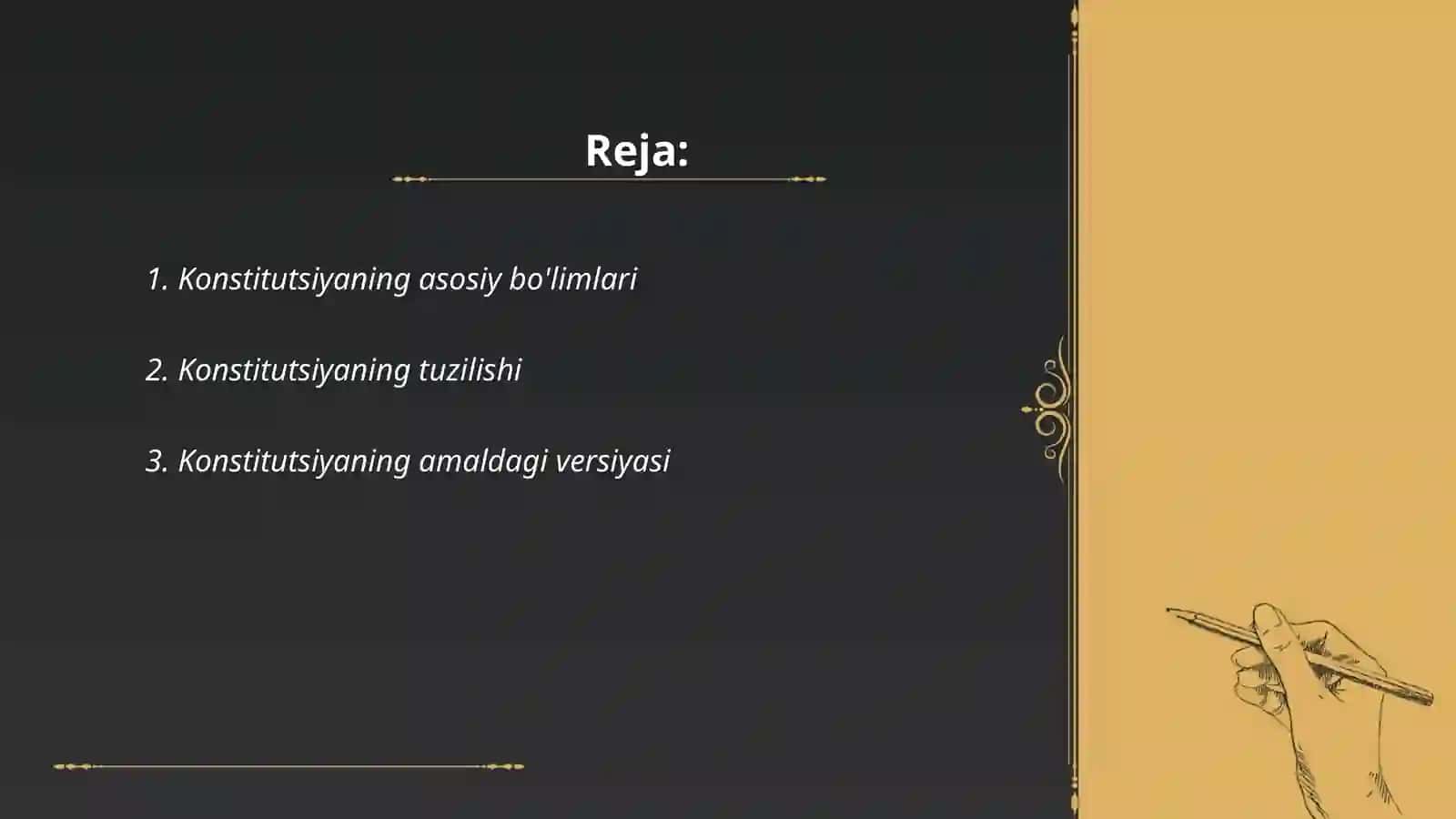 Konstitutsiyaning tuzilishi. Konstitutsiyamizga o'zgartirish va qo'shimchalar kiritish zarurati hamda tartibi 2
