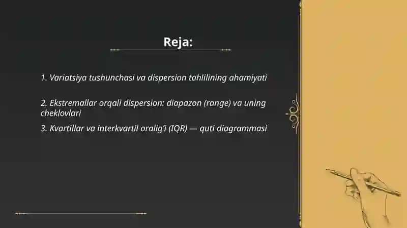 Statistikada variatsiyani baholash usullari va dispersion tahlil asoslari 2