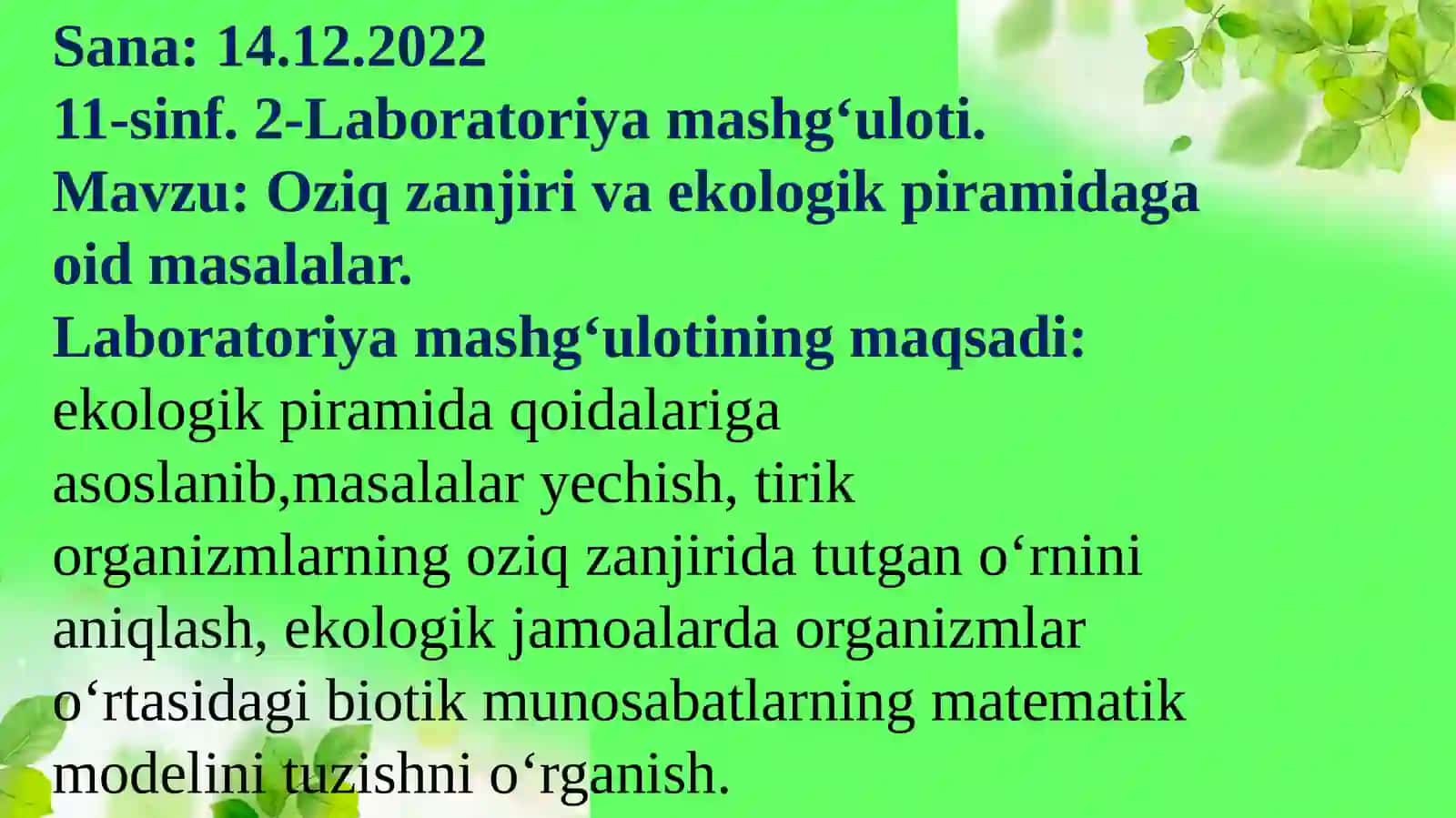 11-sinf Biologiya 2-Laboratoriya. Oziq zanjiri va ekologik piramidaga oid masalalar 2