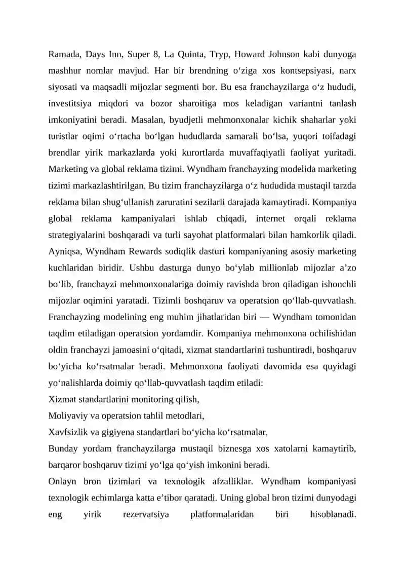 Wyndham KOMPANIYASINING FRANCHAYZING MODELI 2