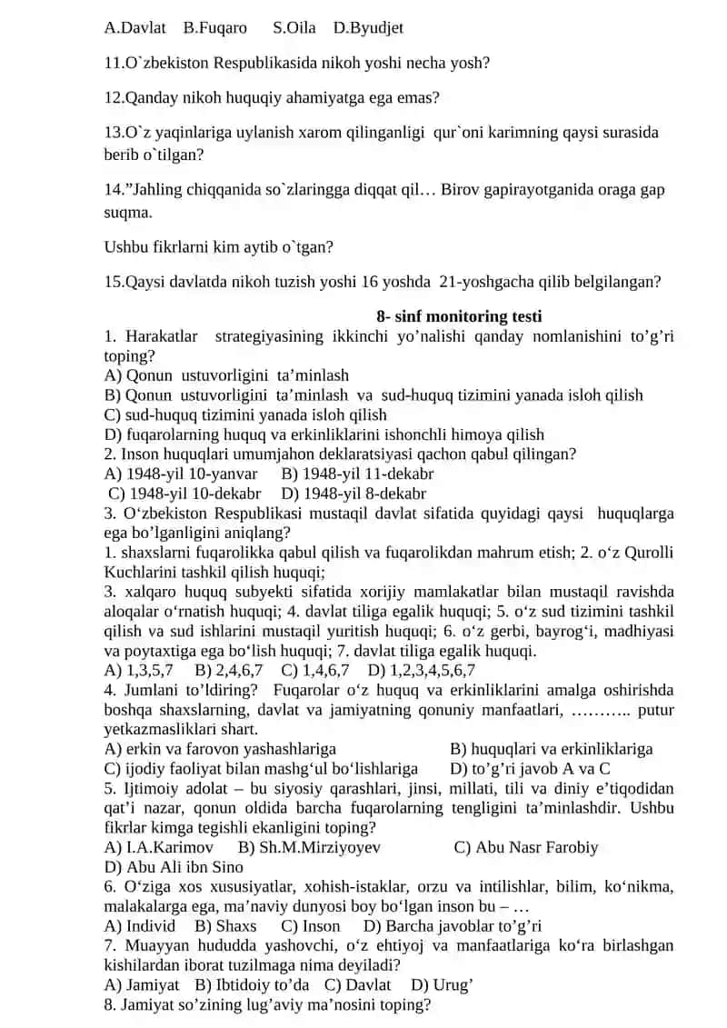 11- sinf Huquq monitoring testi. 2