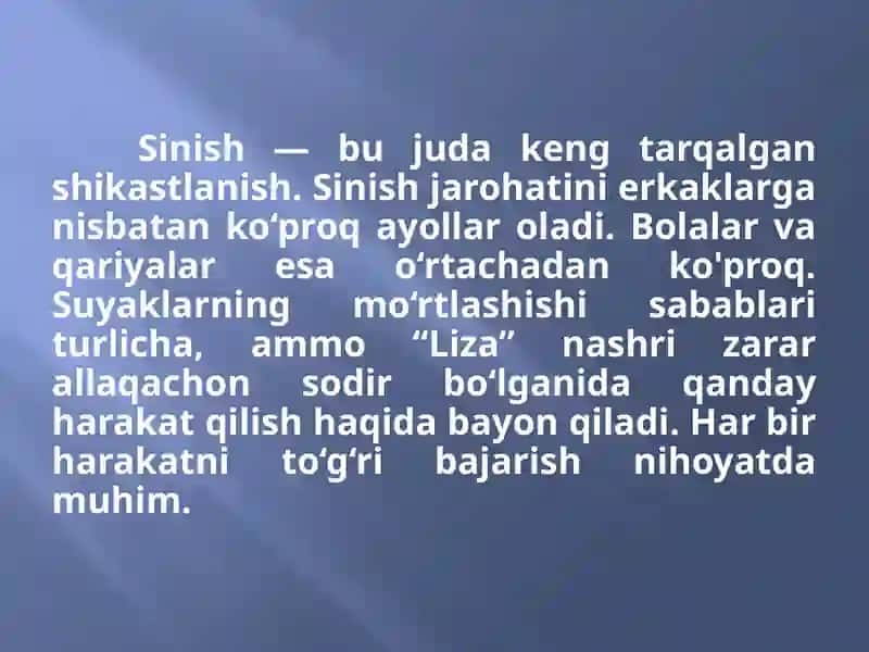 Suyaklarning sinishi va chiqishi holatlarida birinchi yordam ko`rsatish 2