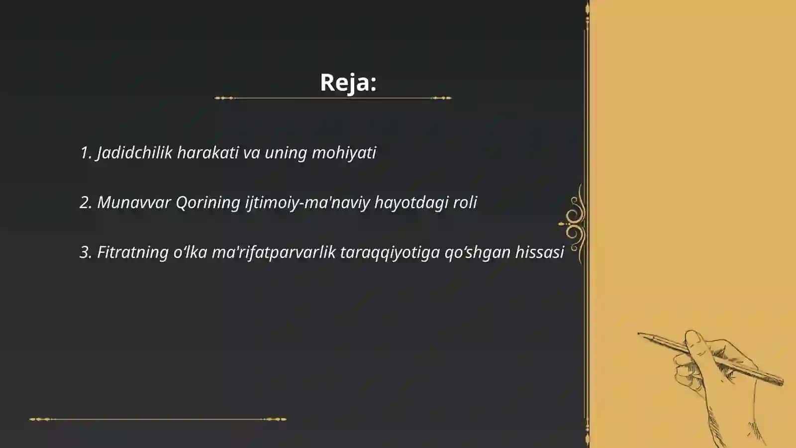 Jadid marifatparvarlarning o‘lka ijtimoiy- manaviy hayotda tutgan o‘rni.(Munavvar Qori, Fitrat, Behbudiy, Avloniy) 2