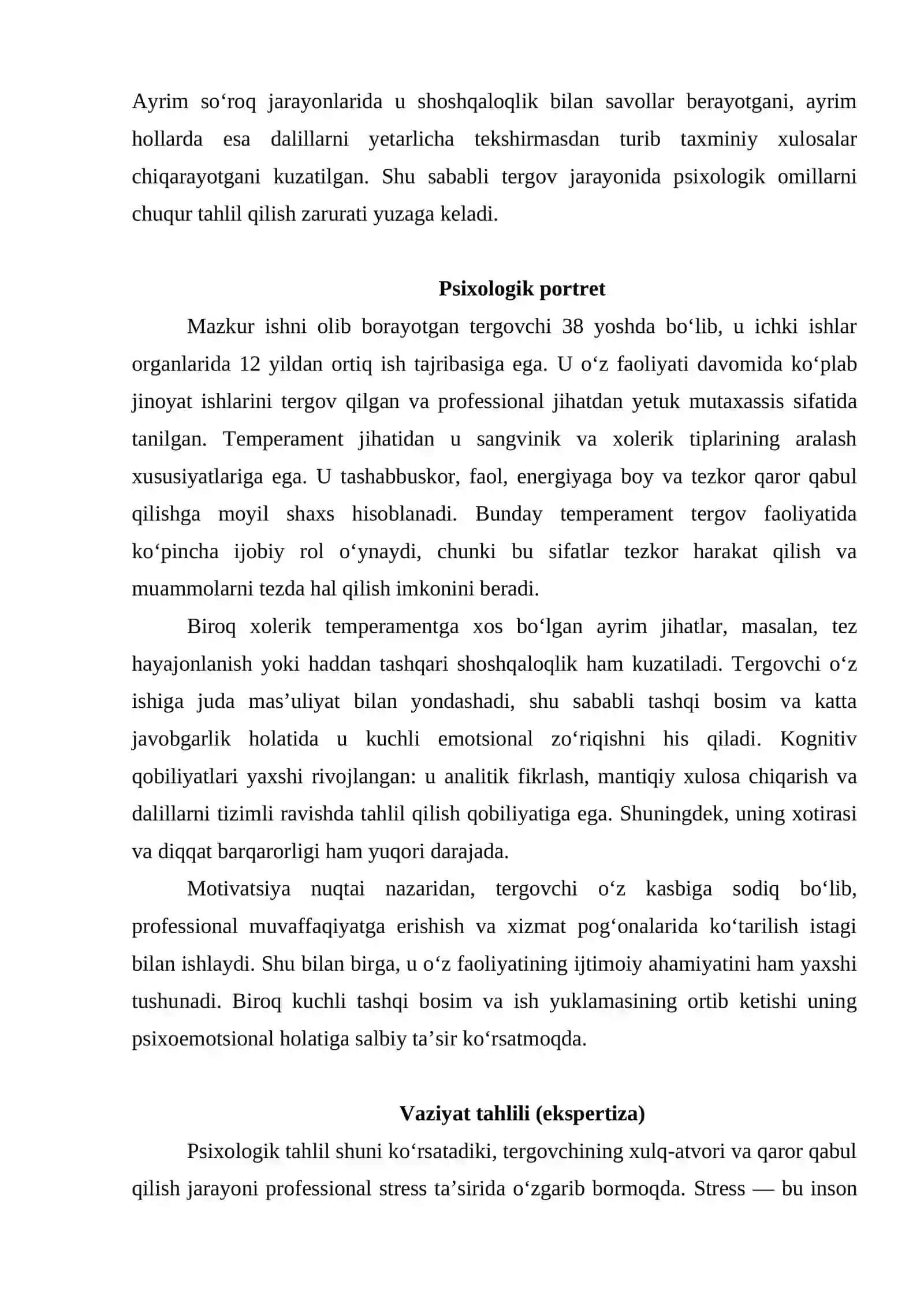 Tergovchining stress sharoitida qaror qabul qilish qobiliyatining psixologik tahlili Keys topshirig'i 2