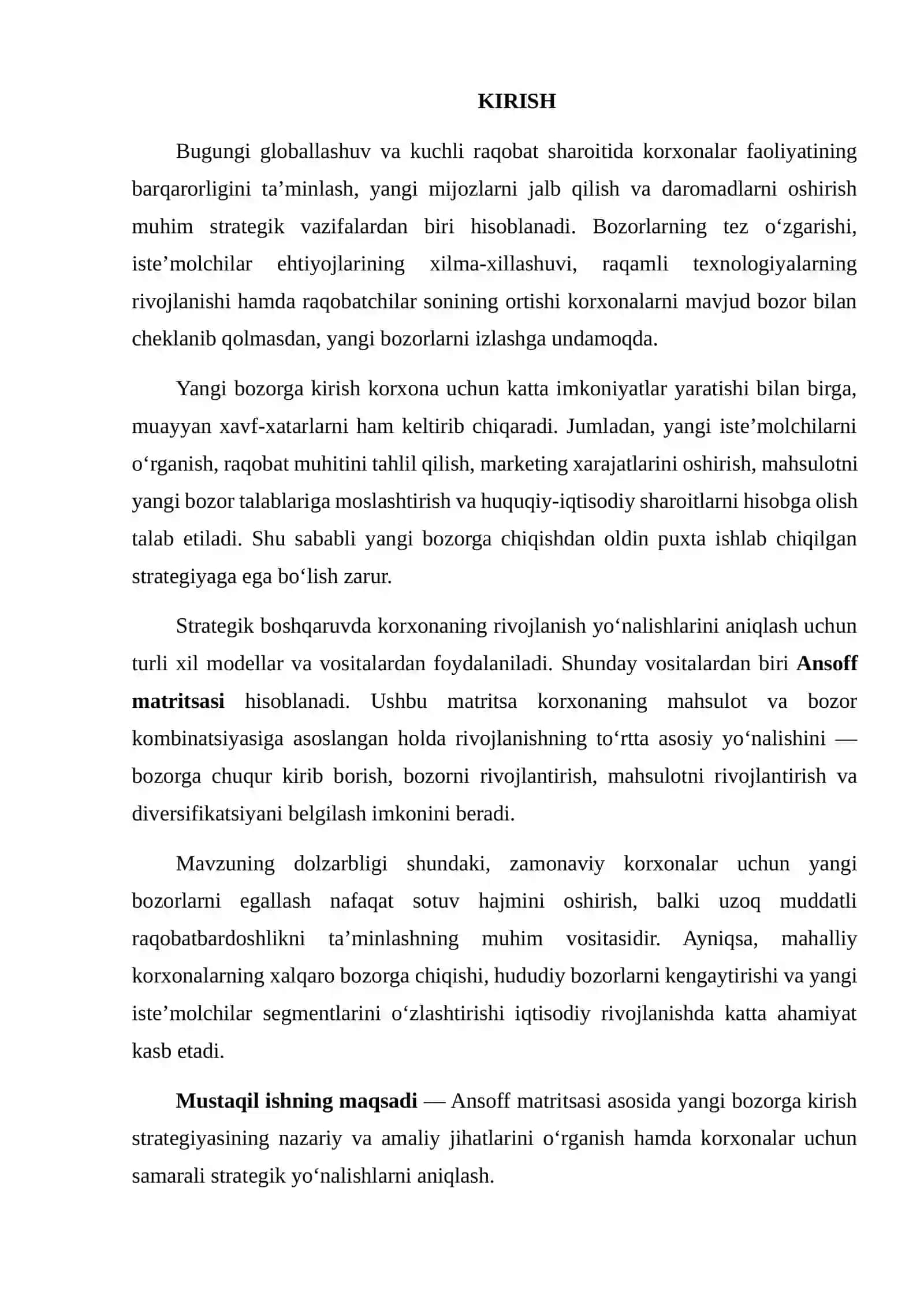 YANGI BOZORGA KIRISH STRATEGIYASI (ANSOFF MATRITSASI) 2