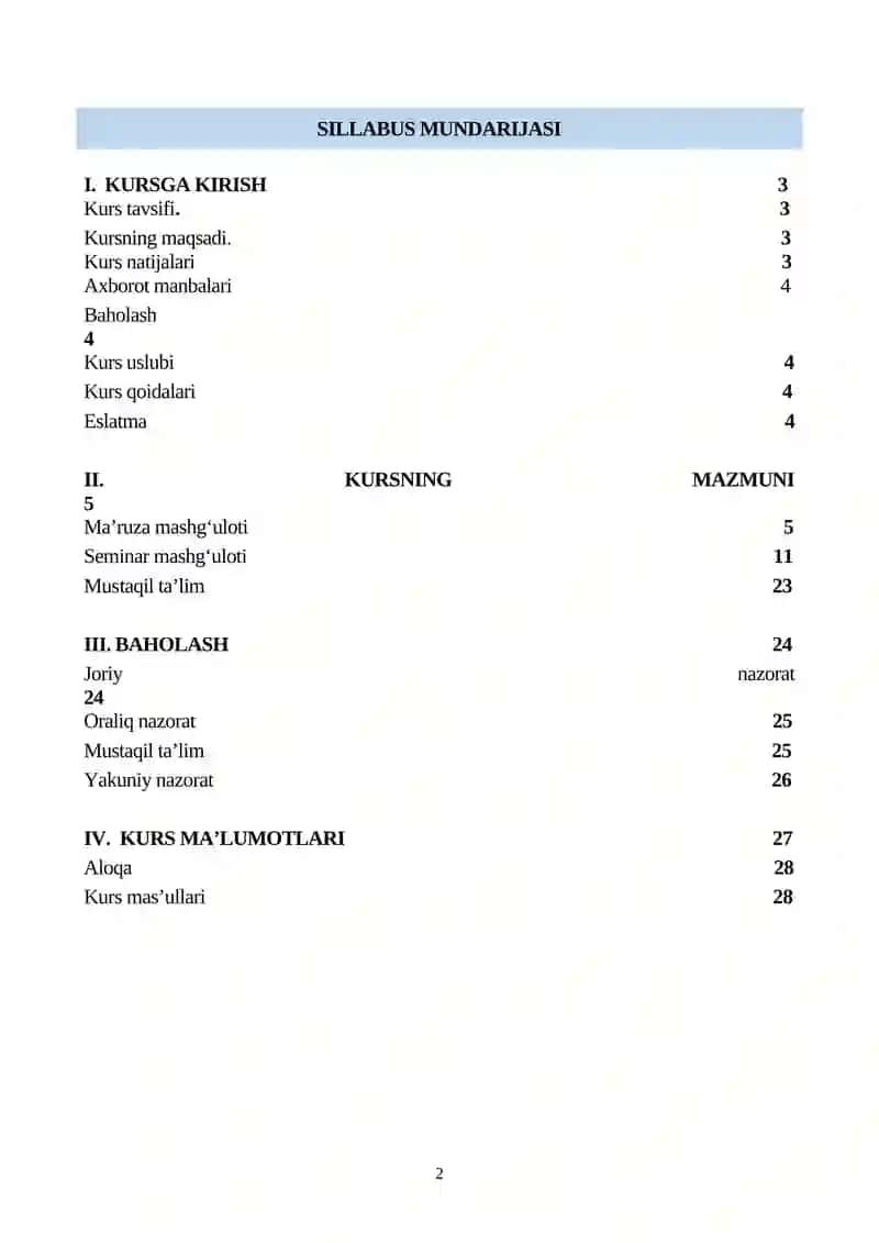 Dinshunoslik Fan Sillabusi 2