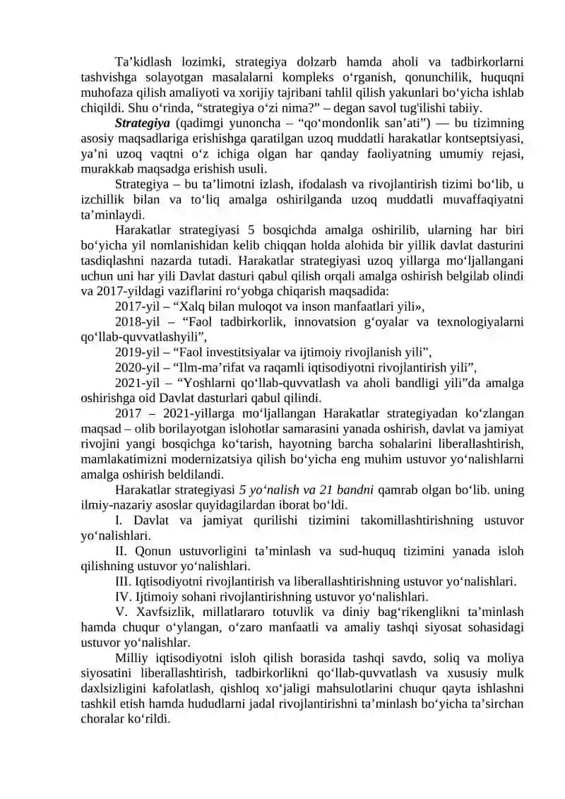 Yangi O‘zbekistonda Prezident Sh.M.Mirziyoyev rahbarligi va tashabbusi ostida amalga oshirilayotgan islohotlar. 2