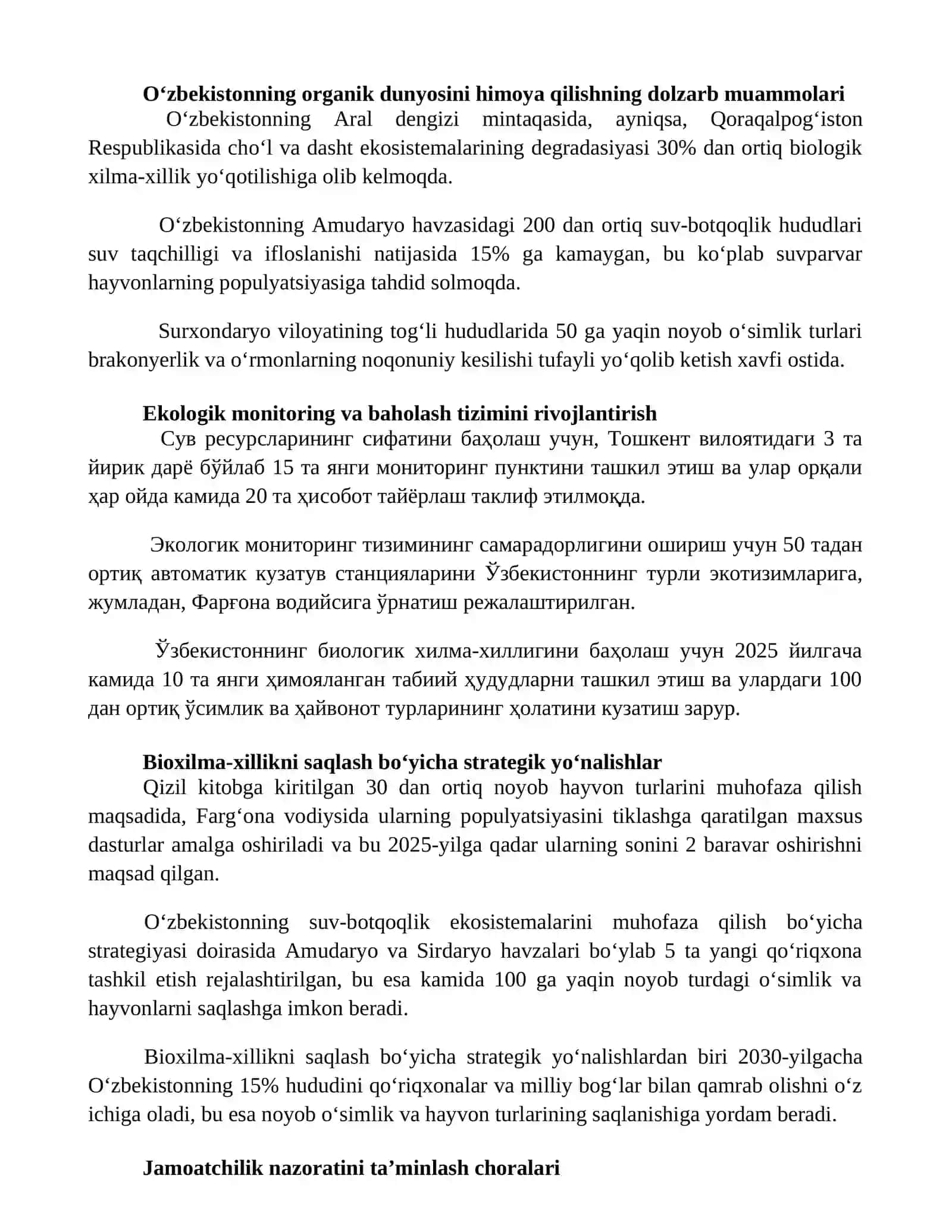 O'zbekistonning organik olamni muhofaza qilish tadbirlarini ishlab chiqish 2