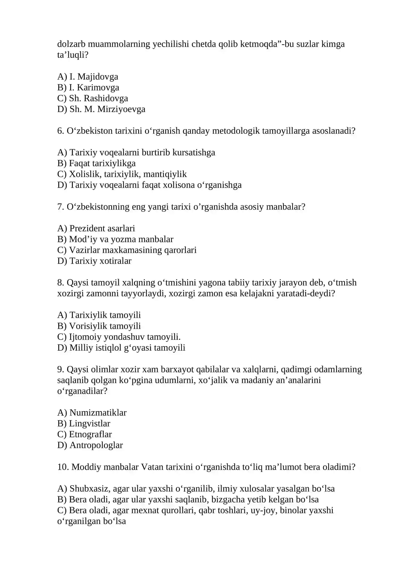 Oʻzbekiston tarixidan test savollari 2