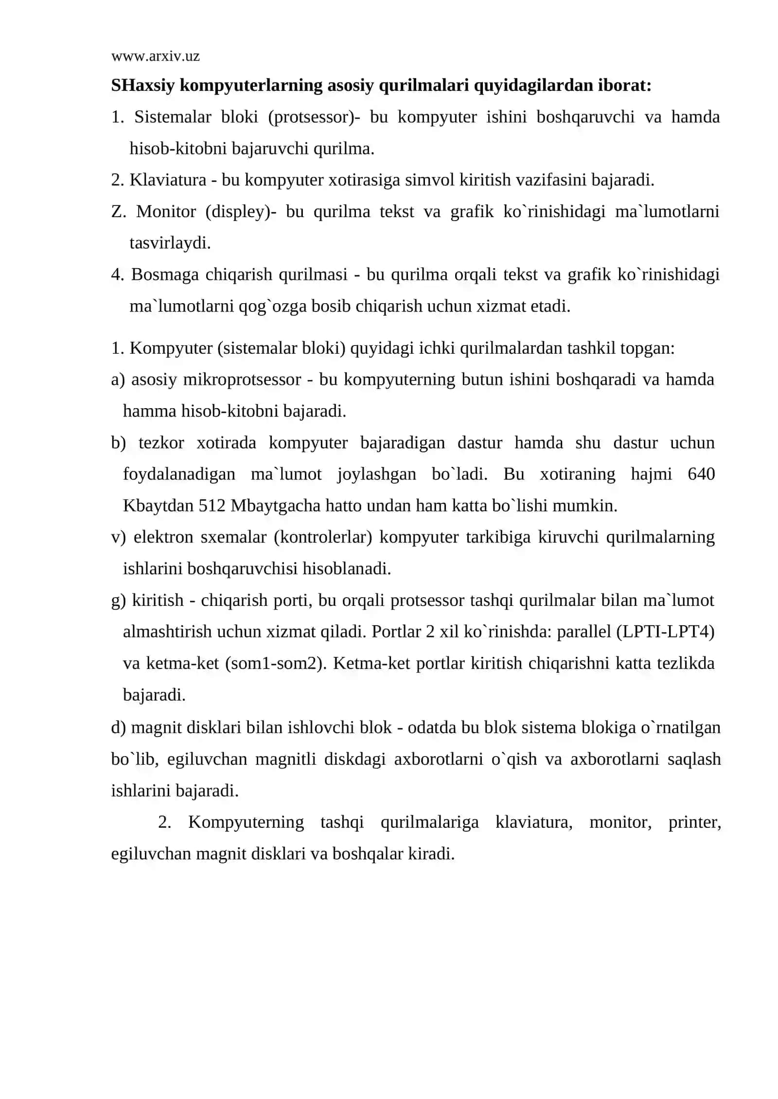 SHaxsiy kompyuterlarning asosiy qurilmalari 2