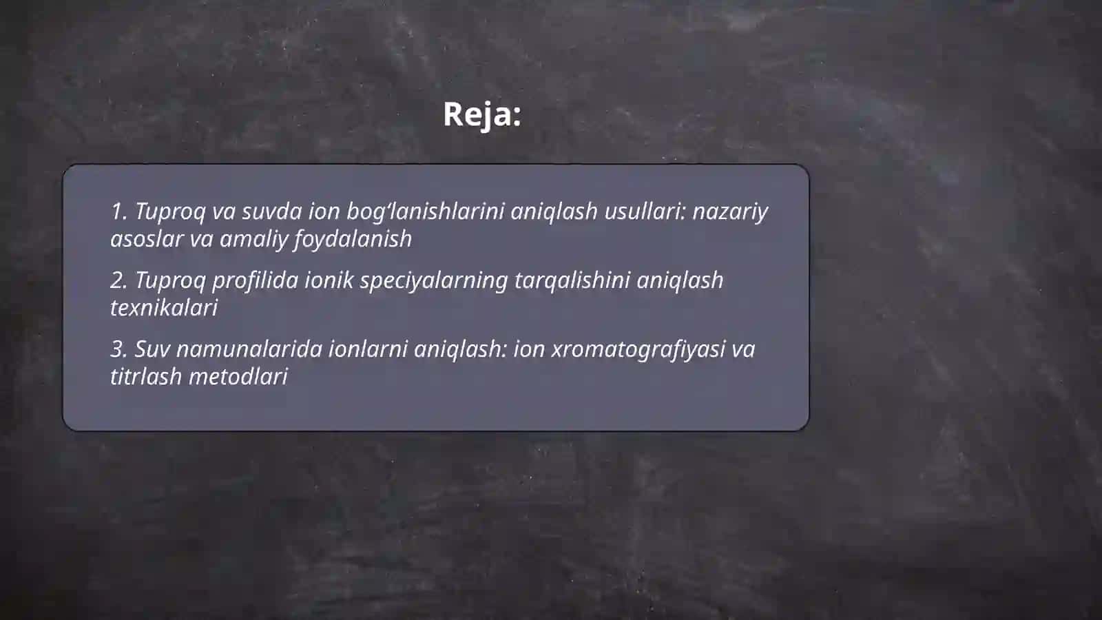 Tuproq va suvda ion bogʻlanishlarini aniqlash usullari: nazariy asoslar va amaliy foydalanish 2