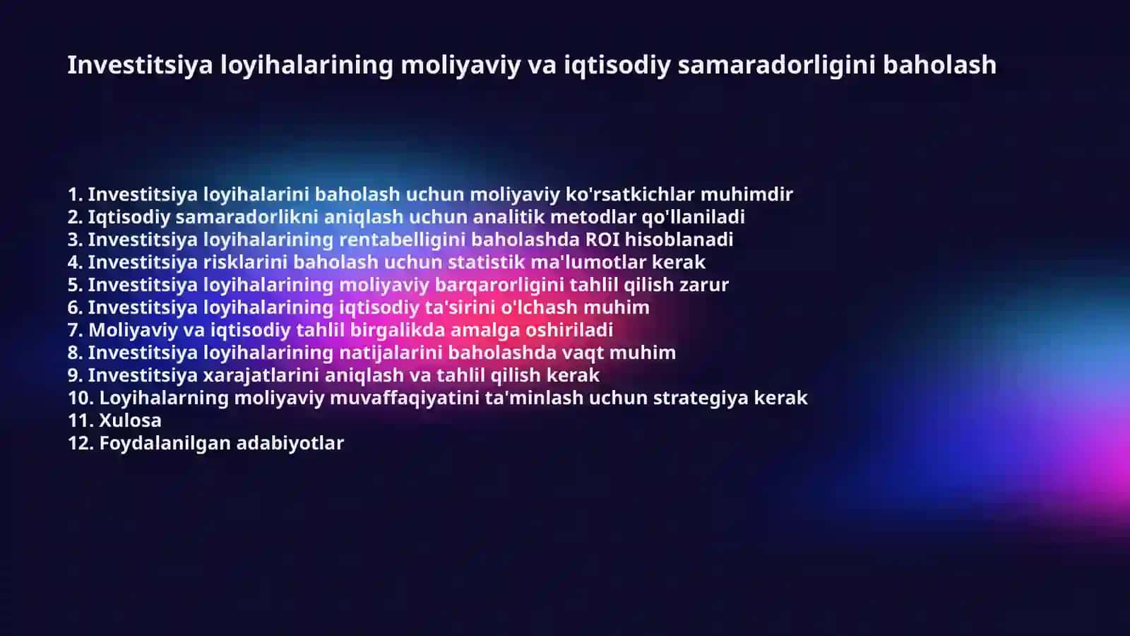 Investitsiya loyihalarining moliyaviy va iqtisodiy samaradorligini baholash 2