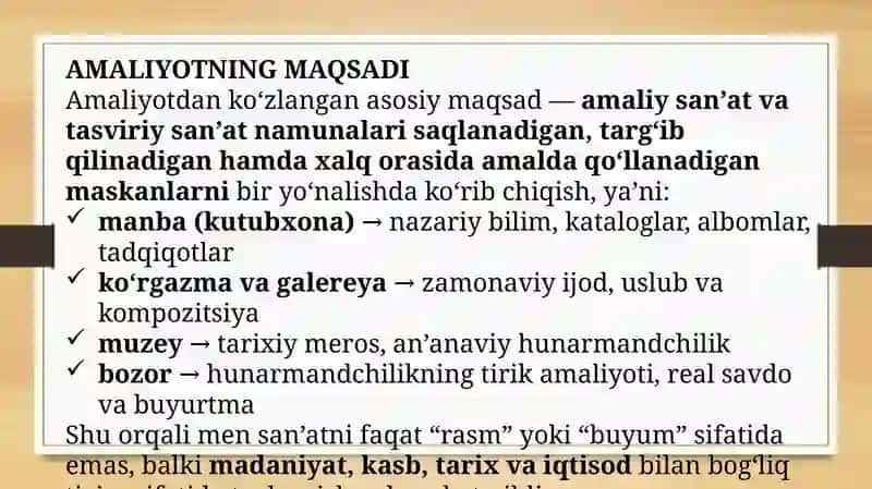 Amaliysan’at va madaniy maskanlarda amaliyot(praktika) natijalari 2