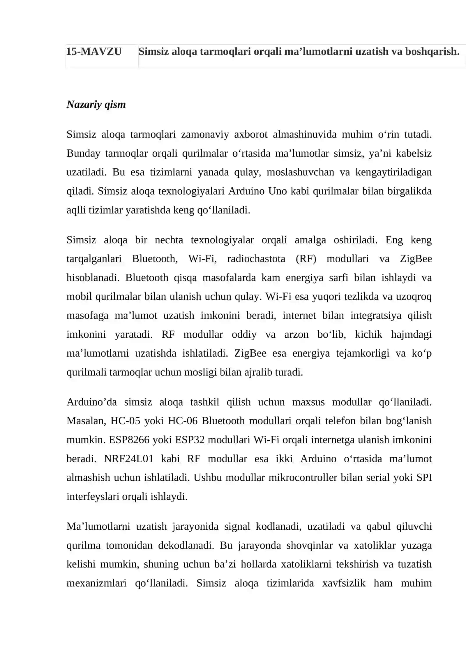 Simsiz aloqa tarmoqlari orqali ma’lumotlarni uzatish va boshqarish 2