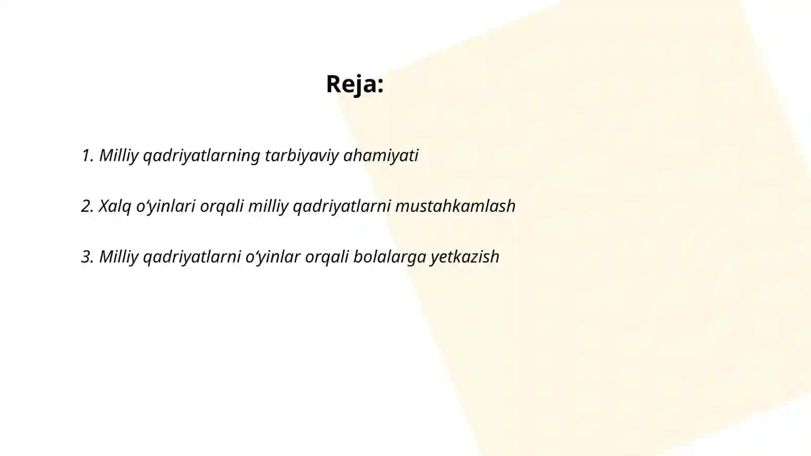 Maktabgacha taʼlim tashkiloti tarbiyalanuvchilarini milliy qadriyatlarga hurmat ruhida tarbiyalashda rivojlantiruvchi markazlarda olib boriladigan oʻyin taʼlimiy va frontal faoliyatni jarayonga tadbiq etish Qurbonova Baxtigul 2