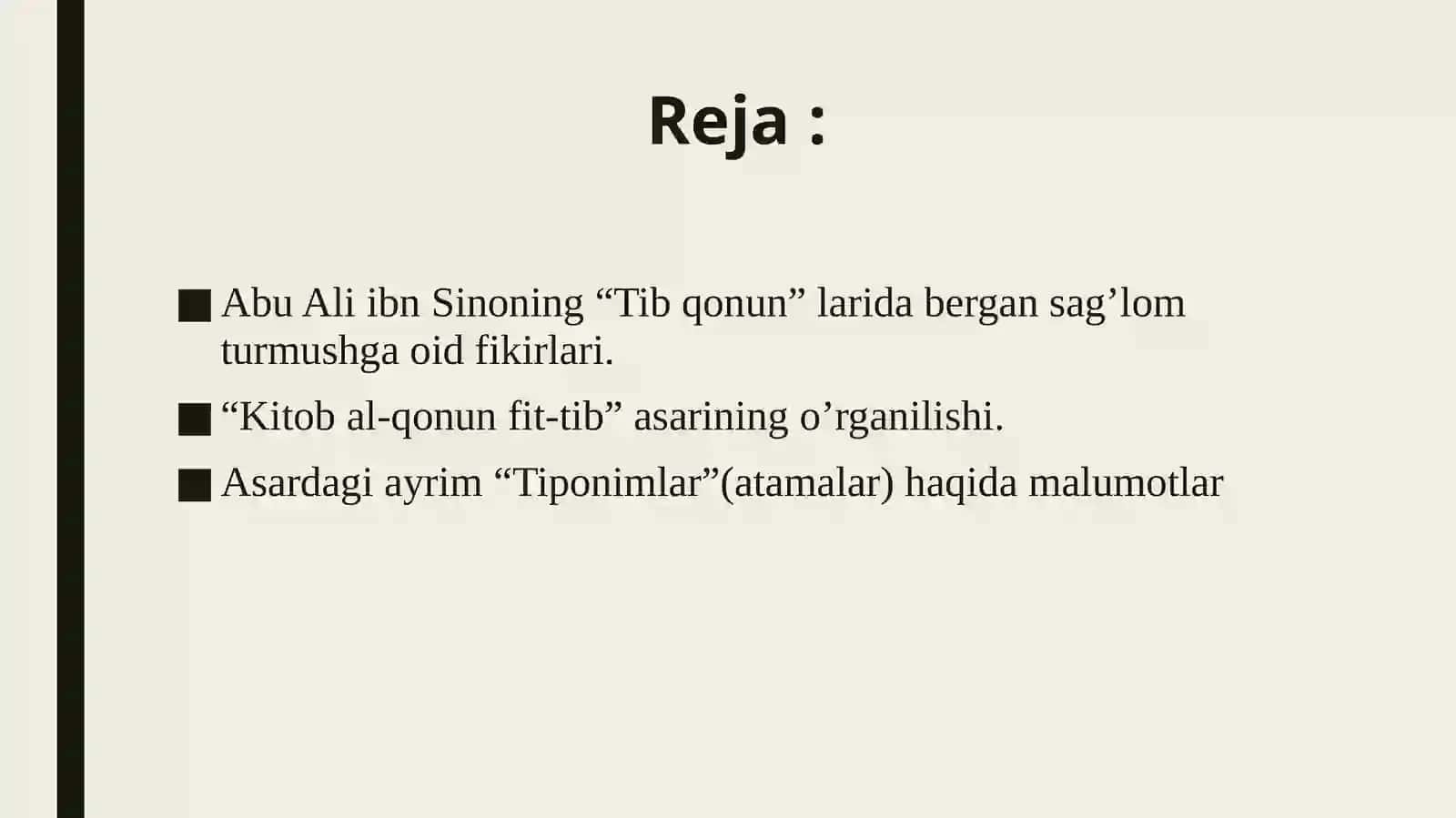 Abu ali ibn sinoning “tib qonunlari” asari va uning o’rganilishi. 2