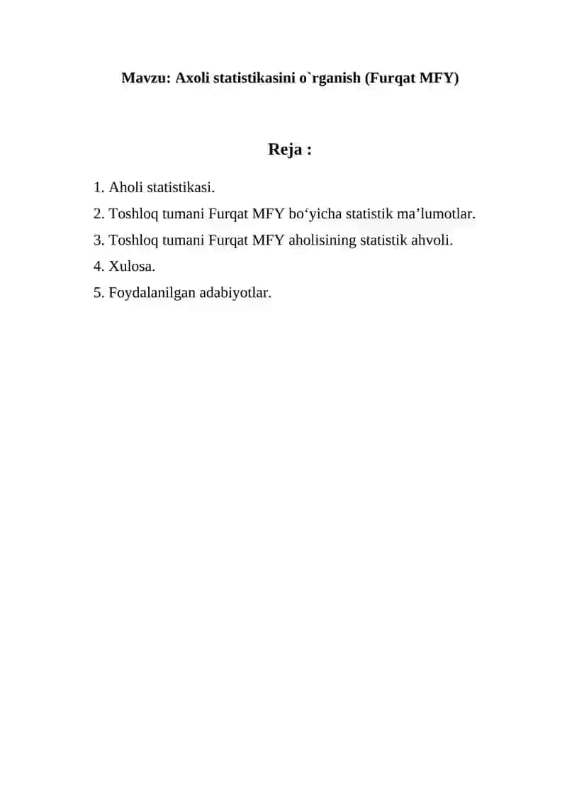 Axoli statistikasini o`rganish (Furqat MFY) 2