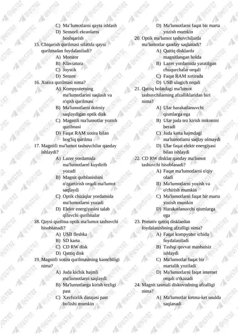 9-sinf Informatika cembridj yangi darslikdan bo’yicha test savol va javoblar 2