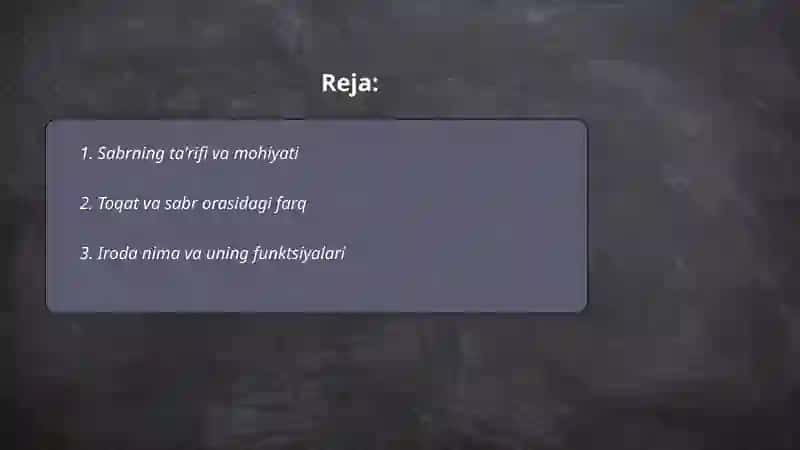 Sabr, Toqat, Iroda 2